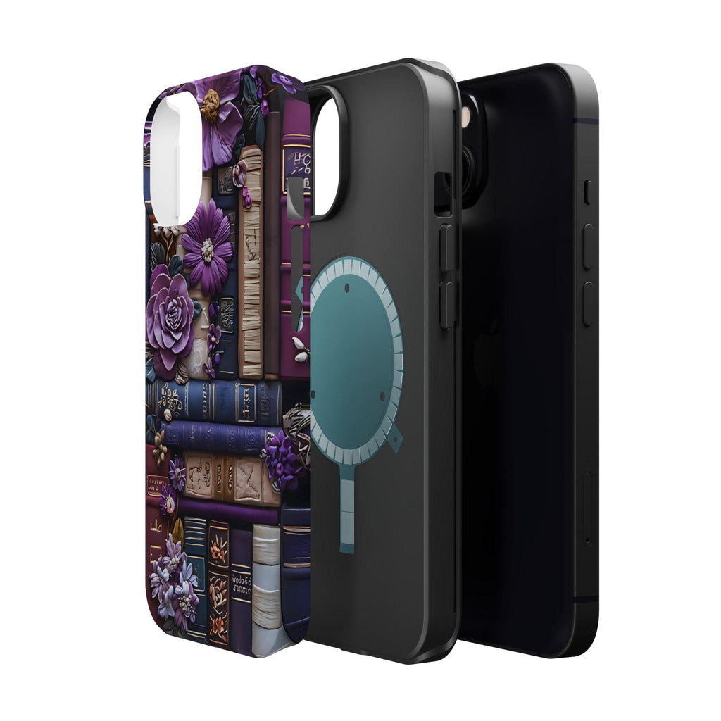 Bookish MagSafe iPhone Case: Purple Floral Bookshelf, Faux Embroidery
