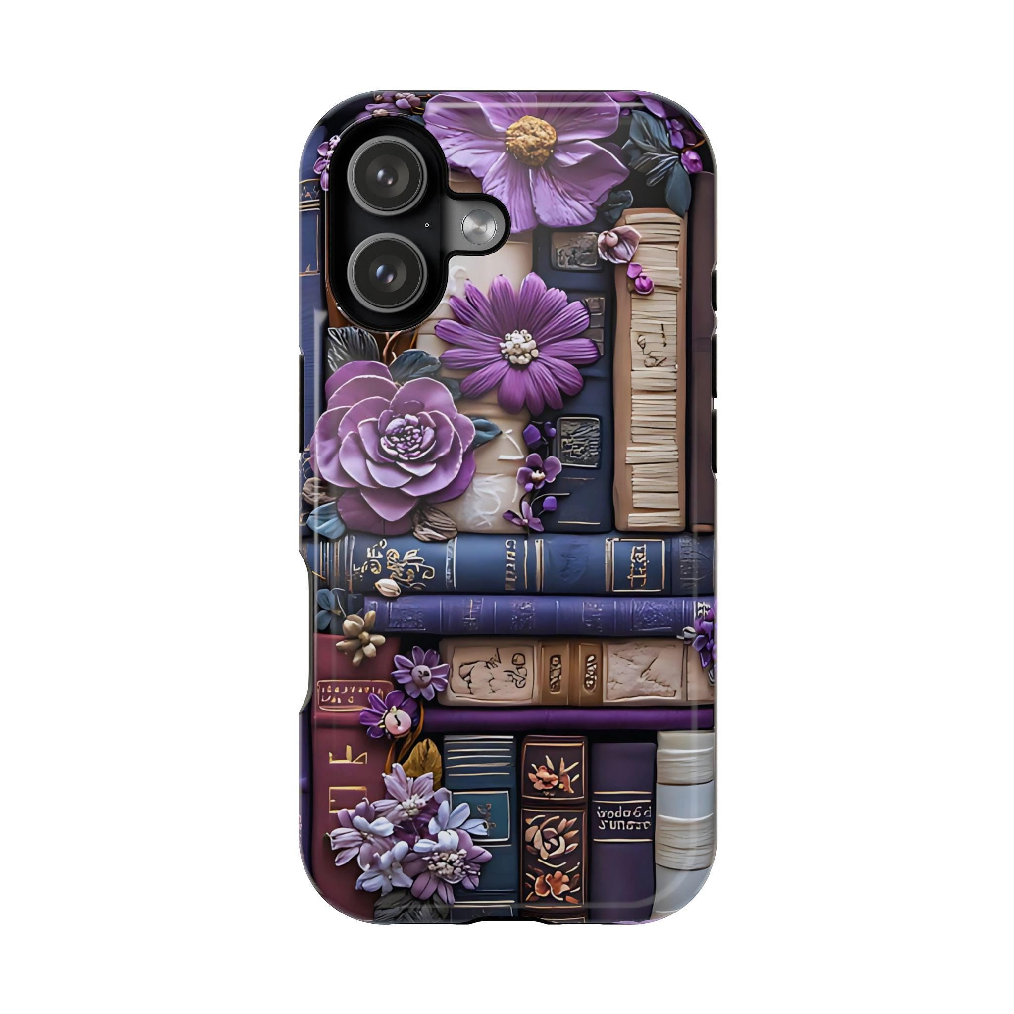 Bookish MagSafe iPhone Case: Purple Floral Bookshelf, Faux Embroidery