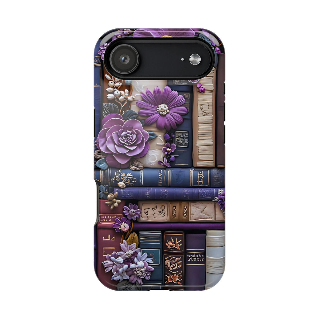 Bookish MagSafe iPhone Case: Purple Floral Bookshelf, Faux Embroidery