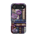 Bookish MagSafe iPhone Case: Purple Floral Bookshelf, Faux Embroidery