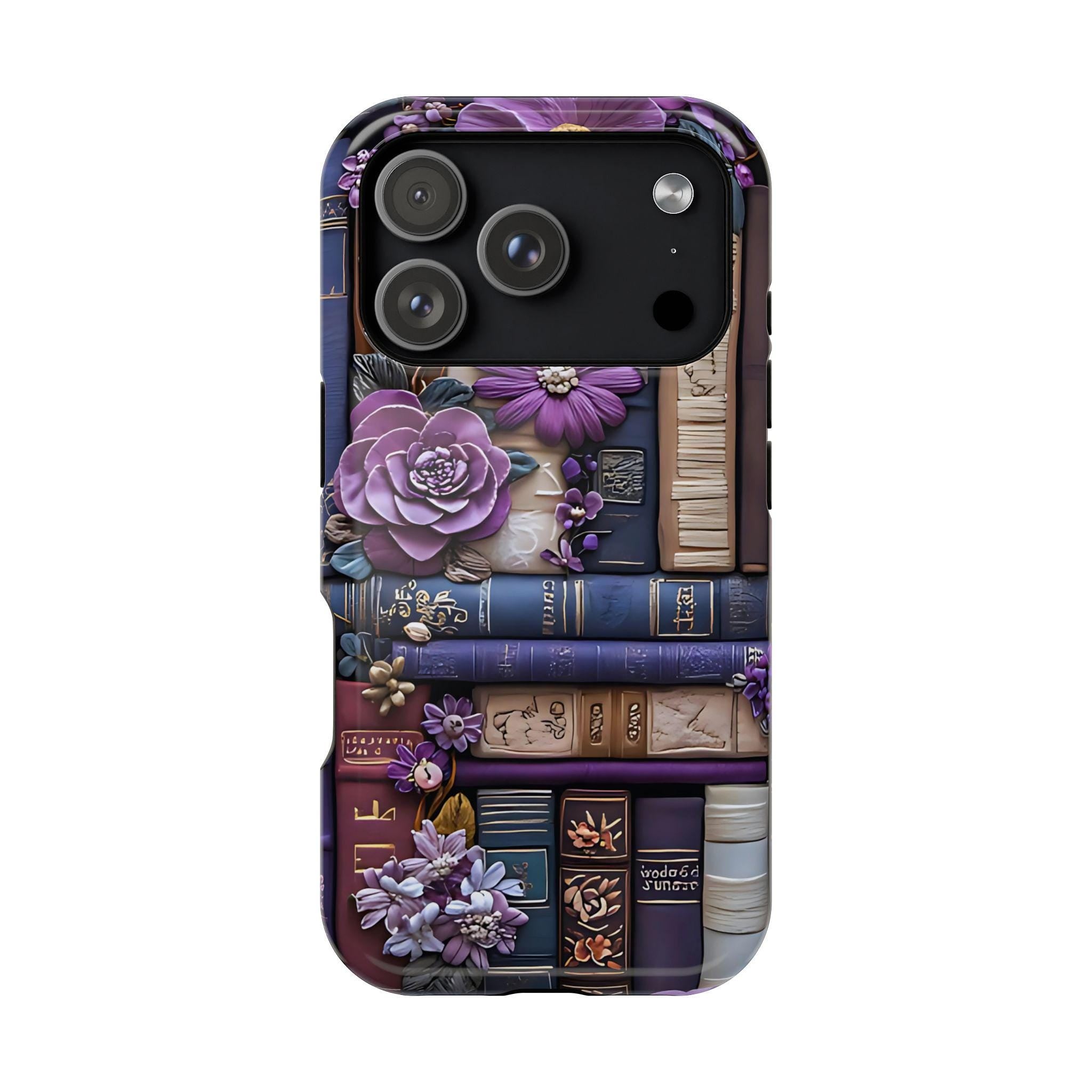 Bookish MagSafe iPhone Case: Purple Floral Bookshelf, Faux Embroidery