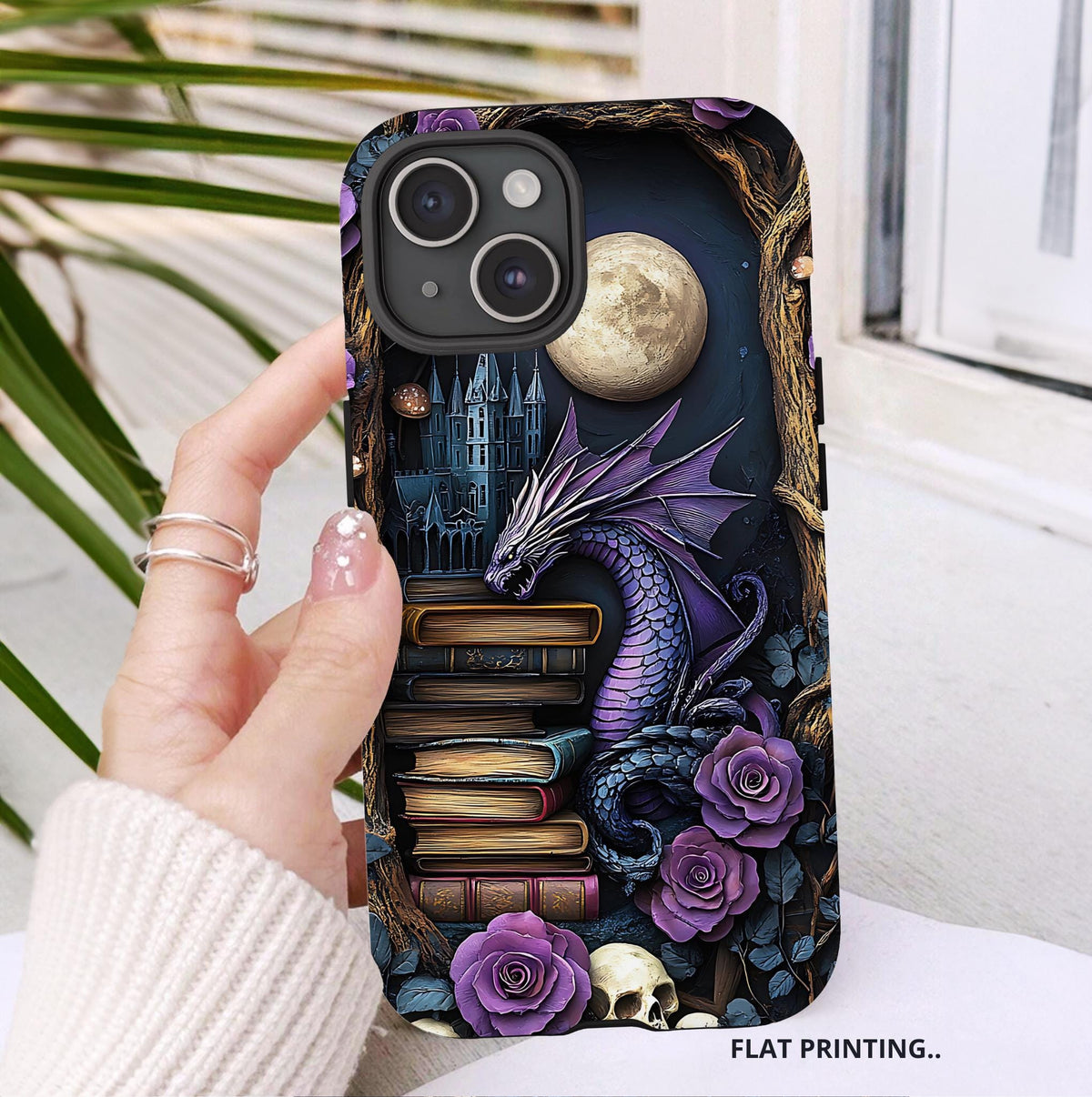 Purple Dragon Bookshelf Phone Case: Book Lover Gift iPhone Galaxy Pixel