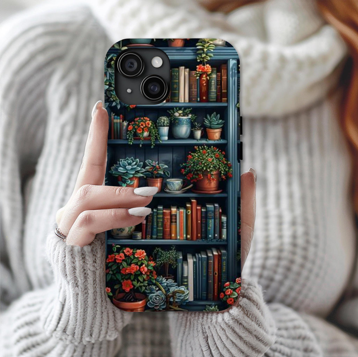 Vintage Floral Bookshelf Phone Case: Gloomy Botanical Design Book Lover iPhone Galaxy Pixel