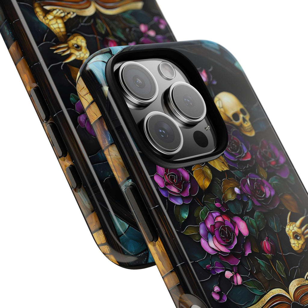 Gothic Dragon Bookshelf Phone Case: Faux Stained Glass Floral Design