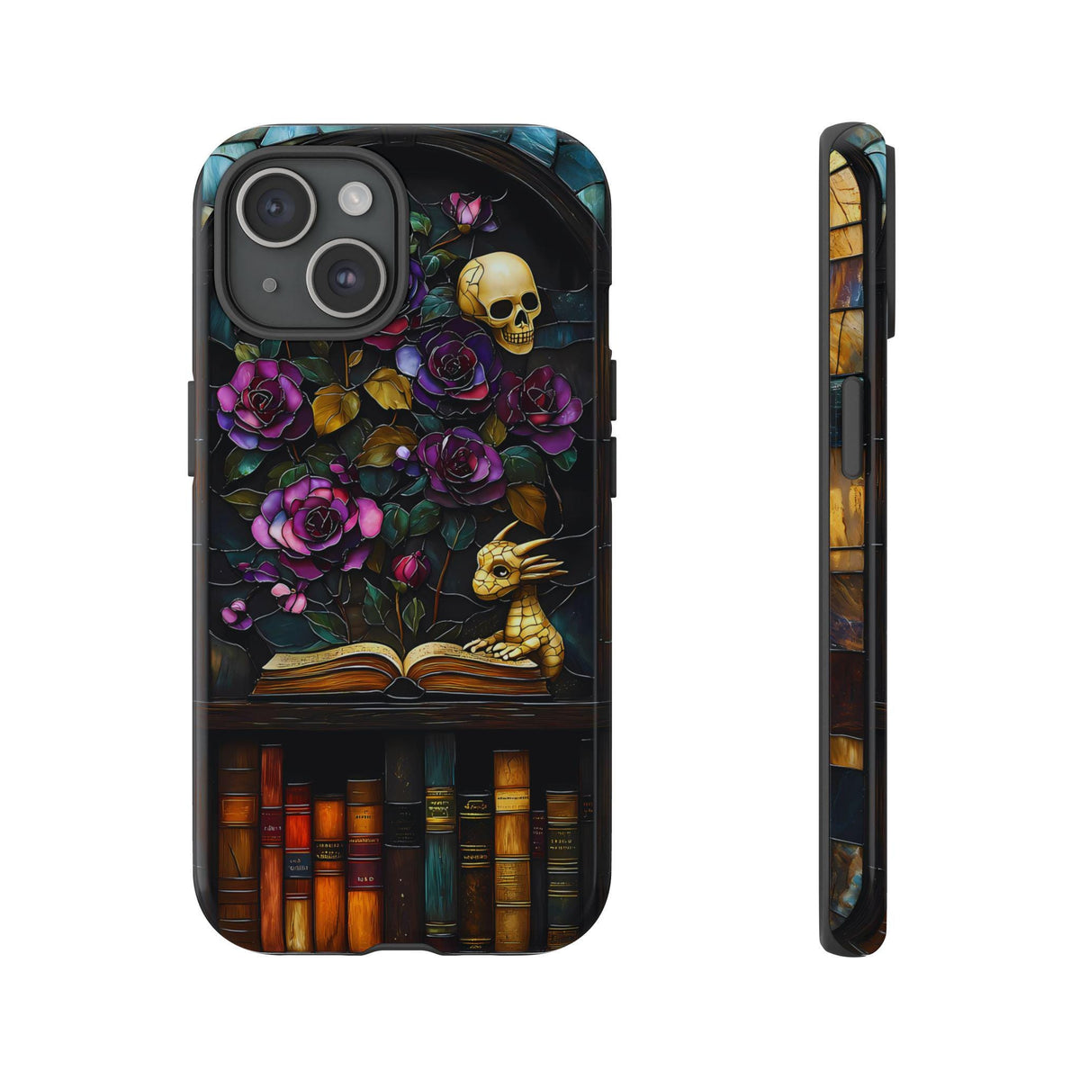 Gothic Dragon Bookshelf Phone Case: Faux Stained Glass Floral Design