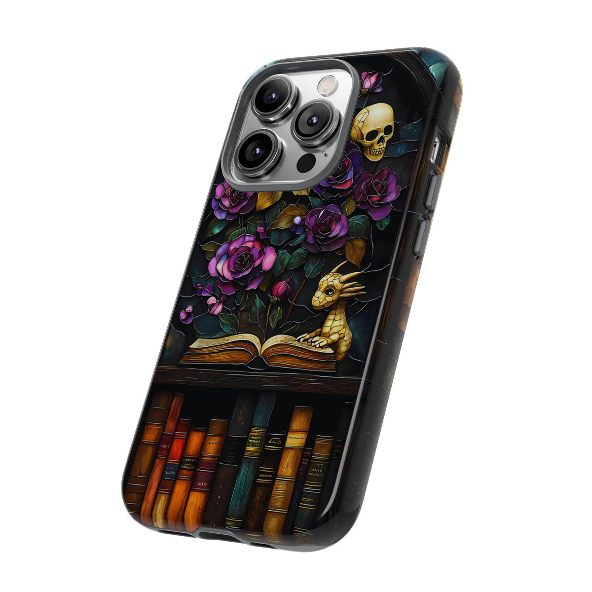 Gothic Dragon Bookshelf Phone Case: Faux Stained Glass Floral Design
