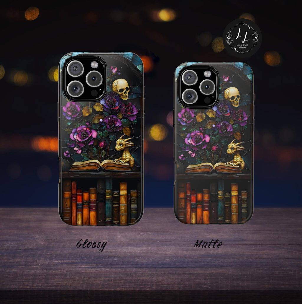 Gothic Dragon Bookshelf Phone Case: Faux Stained Glass Floral Design