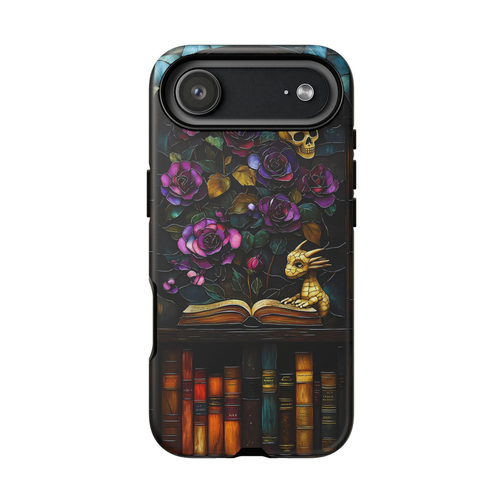 Gothic Dragon Bookshelf Phone Case: Faux Stained Glass Floral Design