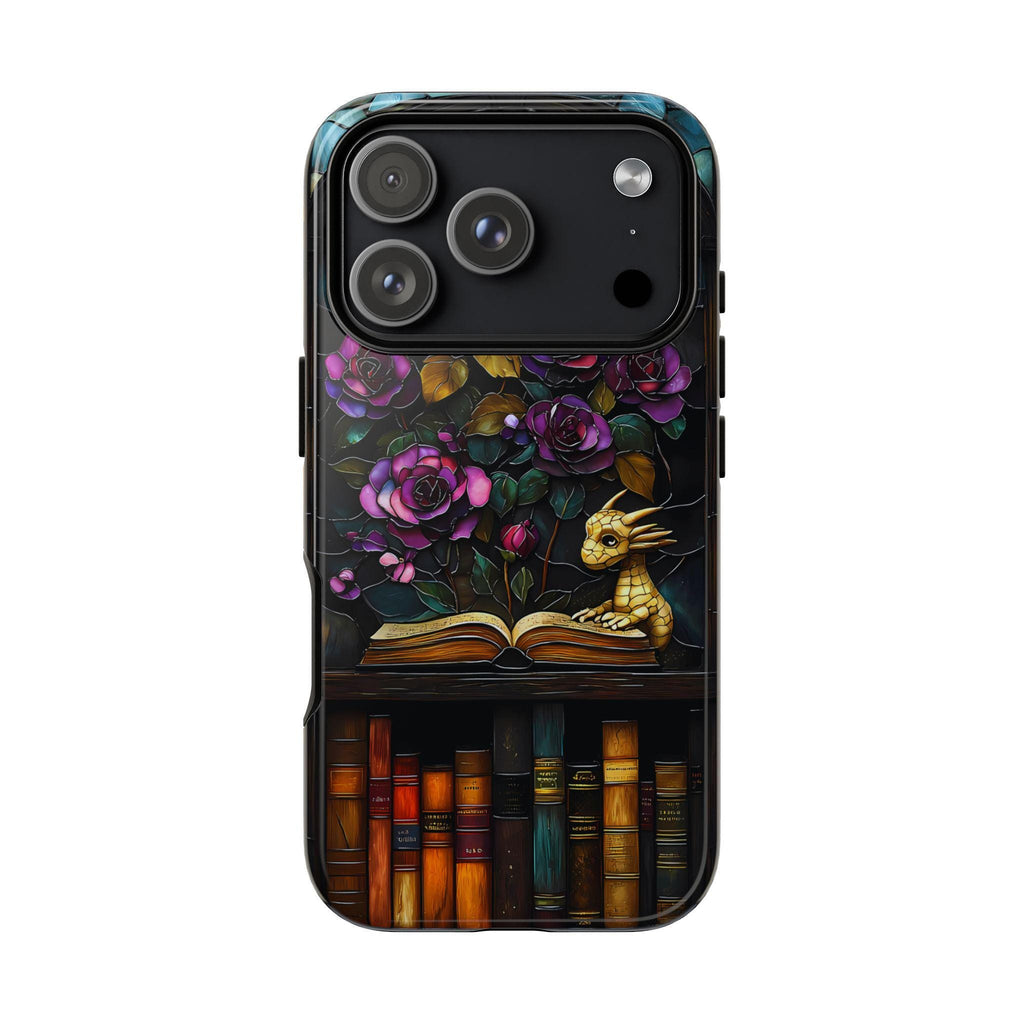 Gothic Dragon Bookshelf Phone Case: Faux Stained Glass Floral Design
