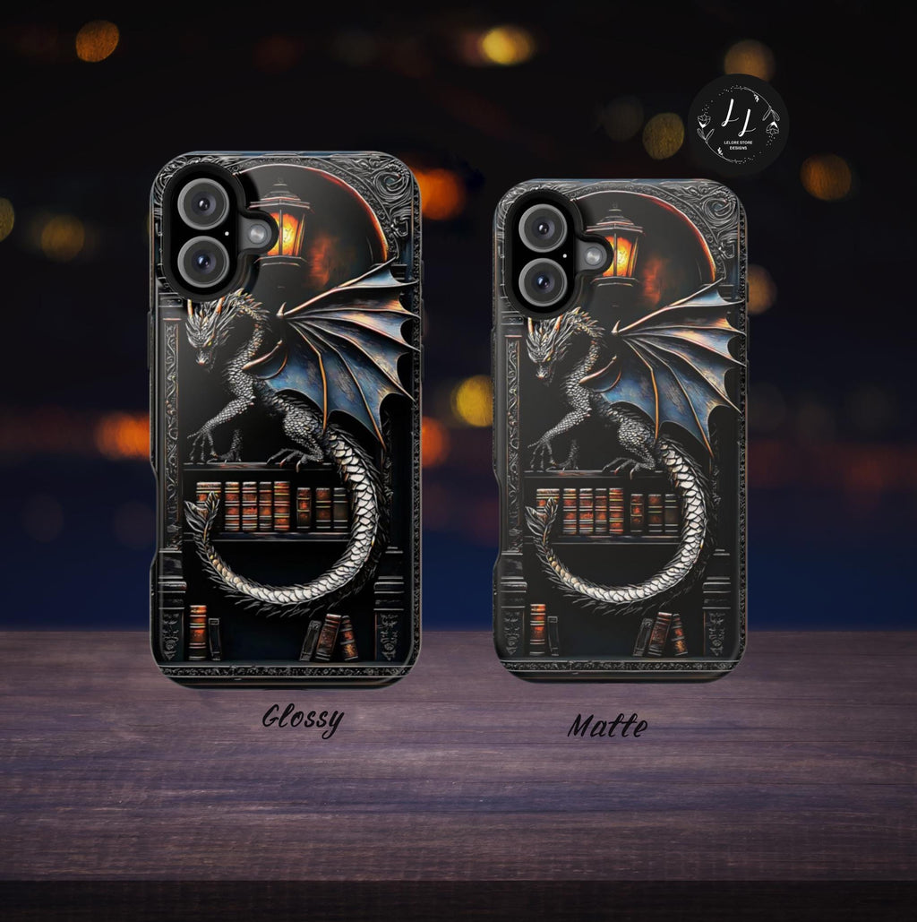 Magnetic Dragon Bookshelf iPhone Case: Fantasy Library Design Mythical Gift