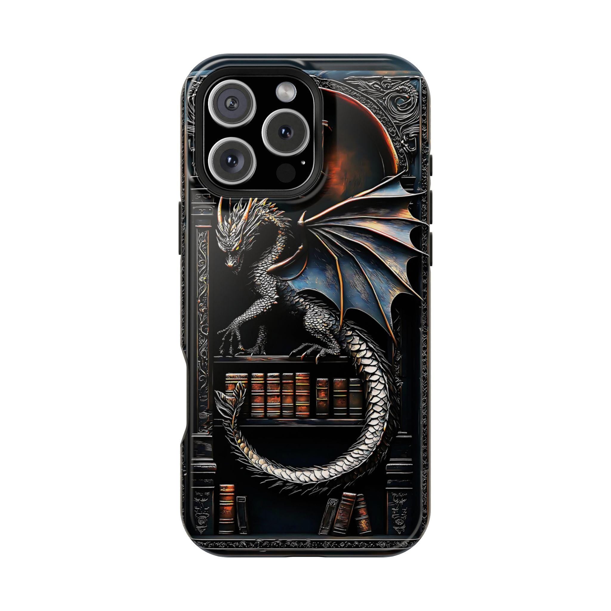 Magnetic Dragon Bookshelf iPhone Case: Fantasy Library Design Mythical Gift