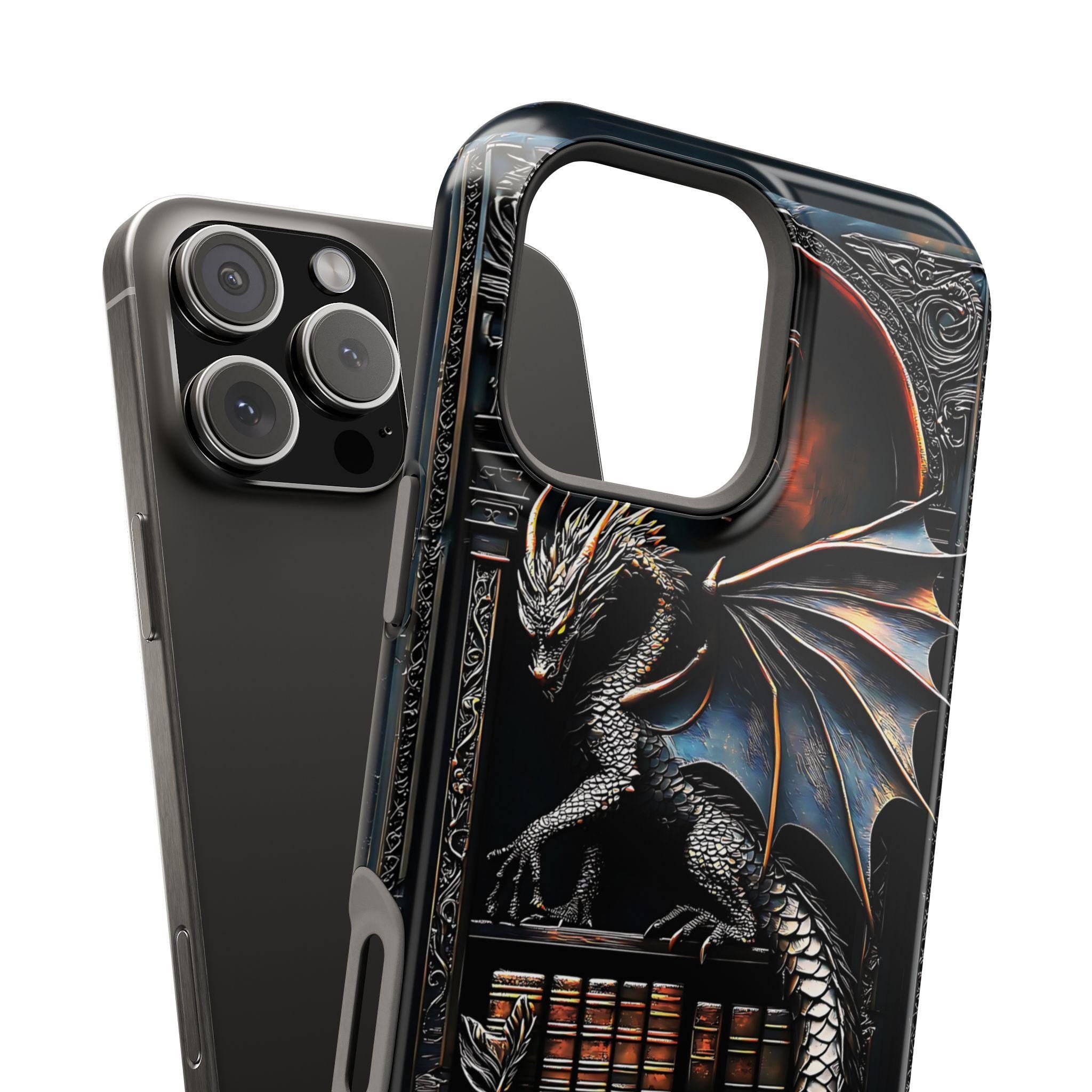 Magnetic Dragon Bookshelf iPhone Case: Fantasy Library Design Mythical Gift