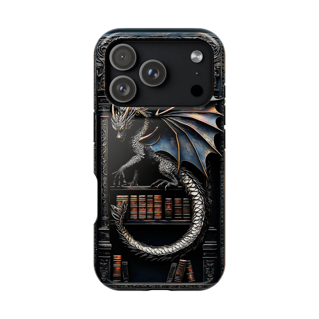 Magnetic Dragon Bookshelf iPhone Case: Fantasy Library Design Mythical Gift