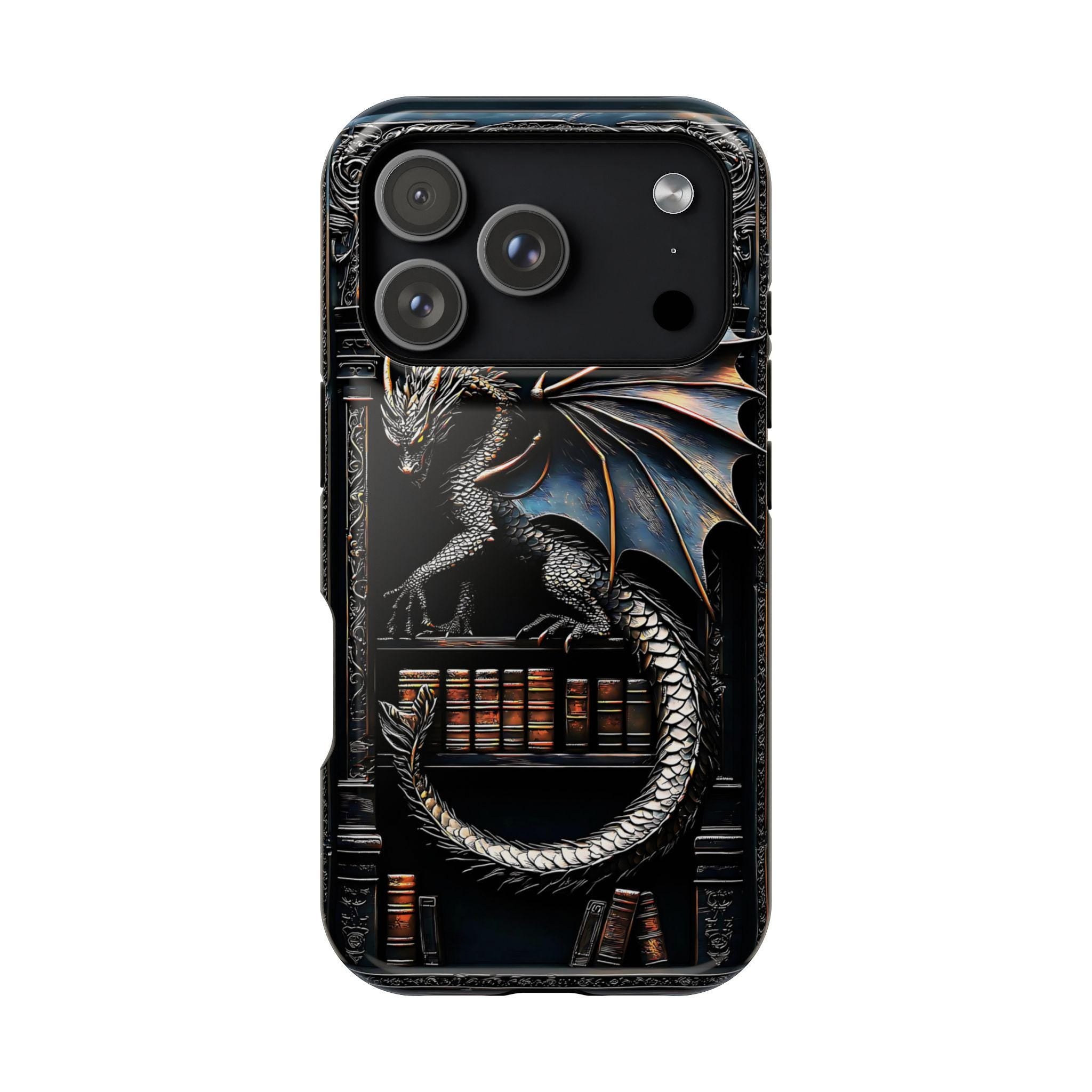 Magnetic Dragon Bookshelf iPhone Case: Fantasy Library Design Mythical Gift