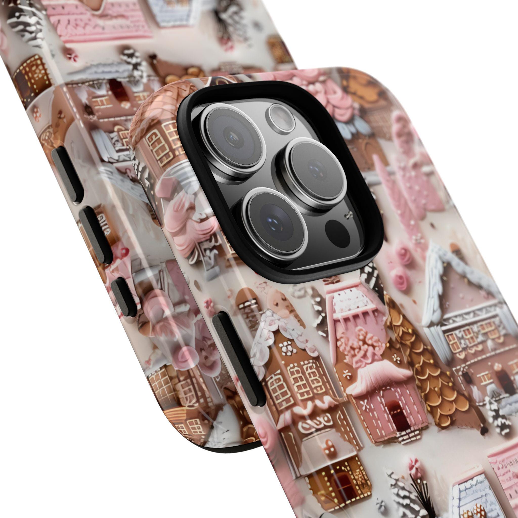 Pink Gingerbread Houses Christmas Phone Case: Snow Holiday Design Winter Cover, iPhone, Galaxy, Pixel