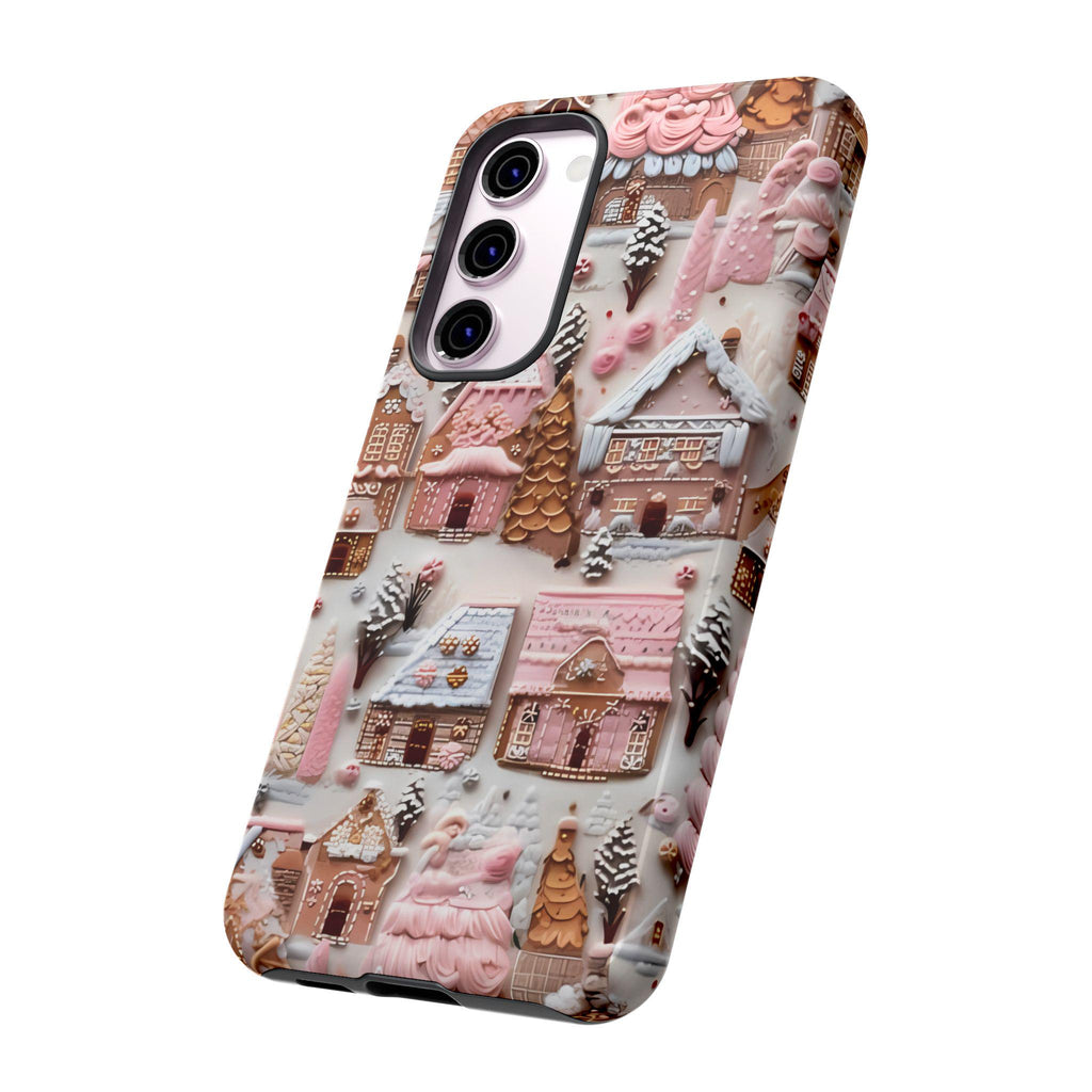 Pink Gingerbread Houses Christmas Phone Case: Snow Holiday Design Winter Cover, iPhone, Galaxy, Pixel