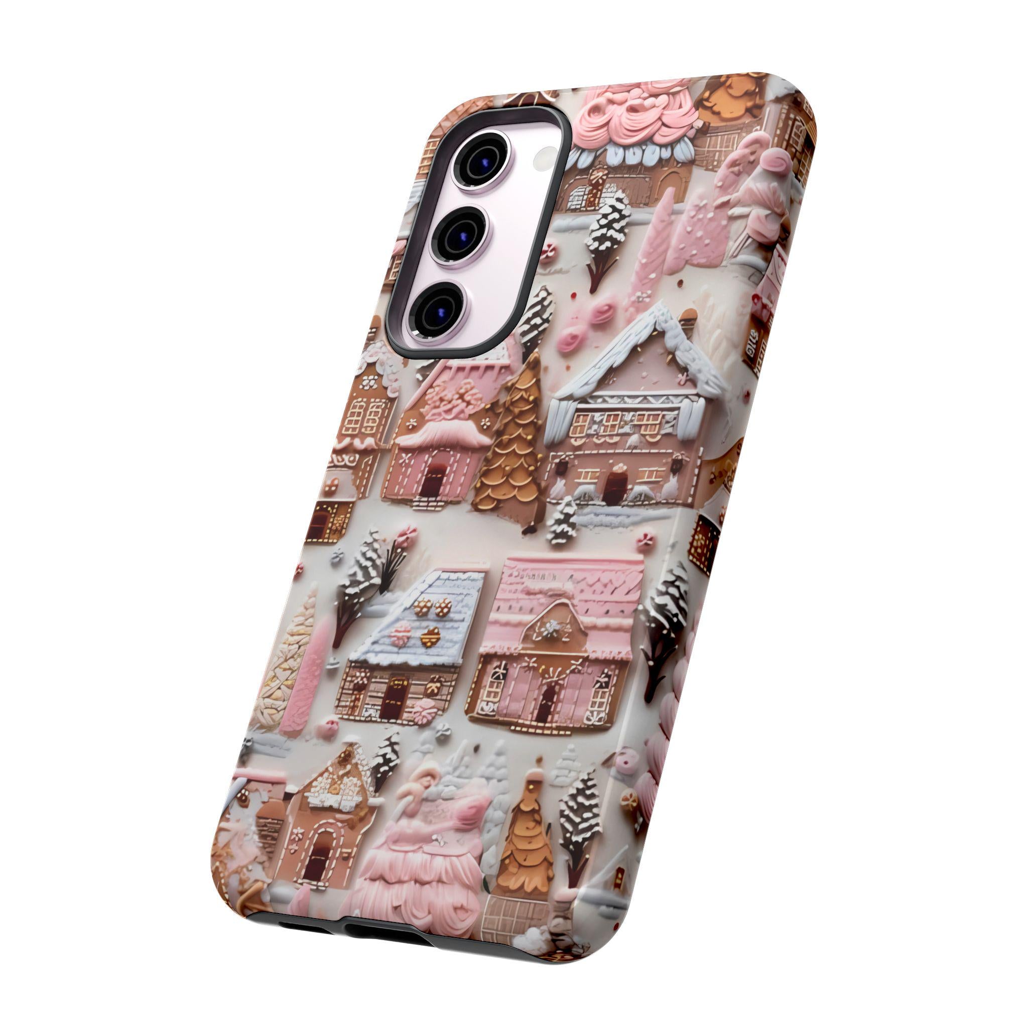 Pink Gingerbread Houses Christmas Phone Case: Snow Holiday Design Winter Cover, iPhone, Galaxy, Pixel