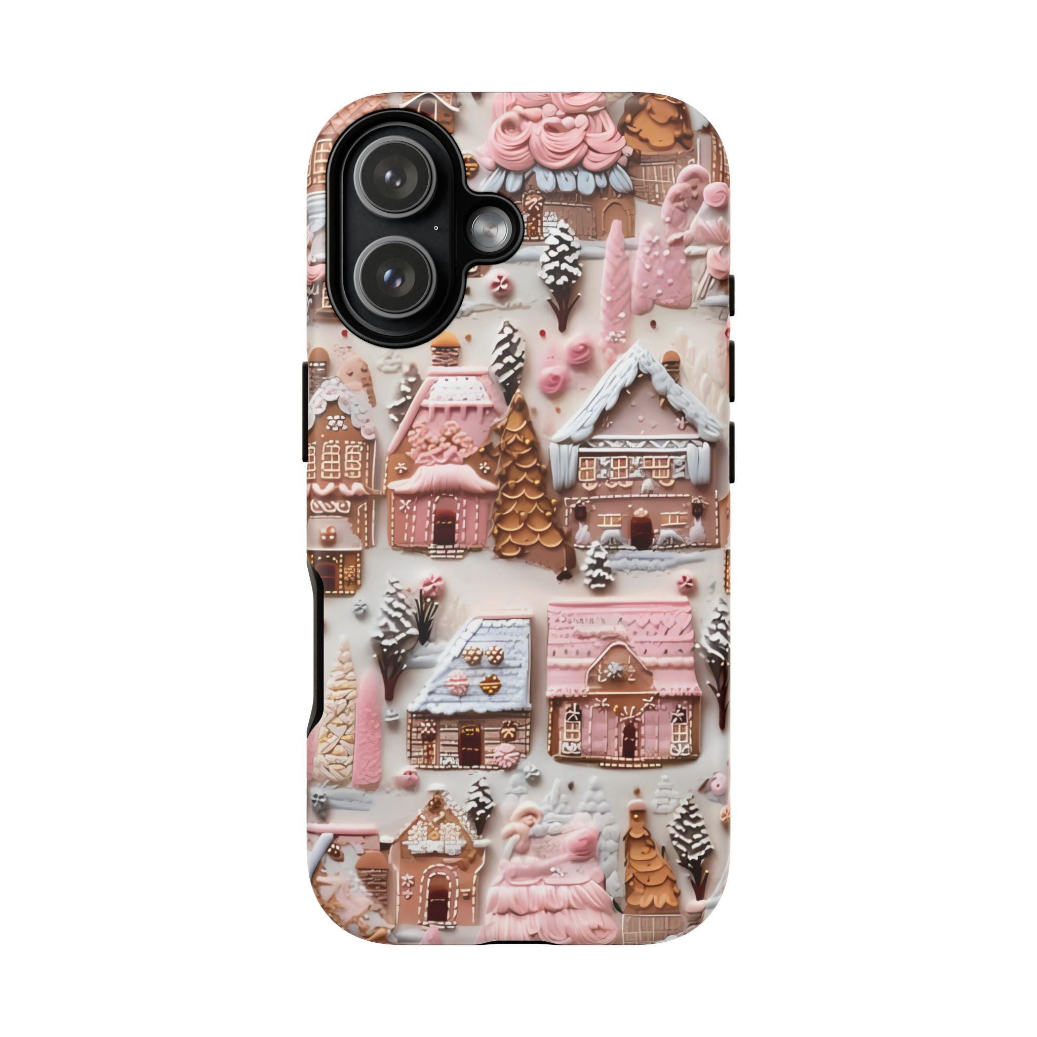 Pink Gingerbread Houses Christmas Phone Case: Snow Holiday Design Winter Cover, iPhone, Galaxy, Pixel