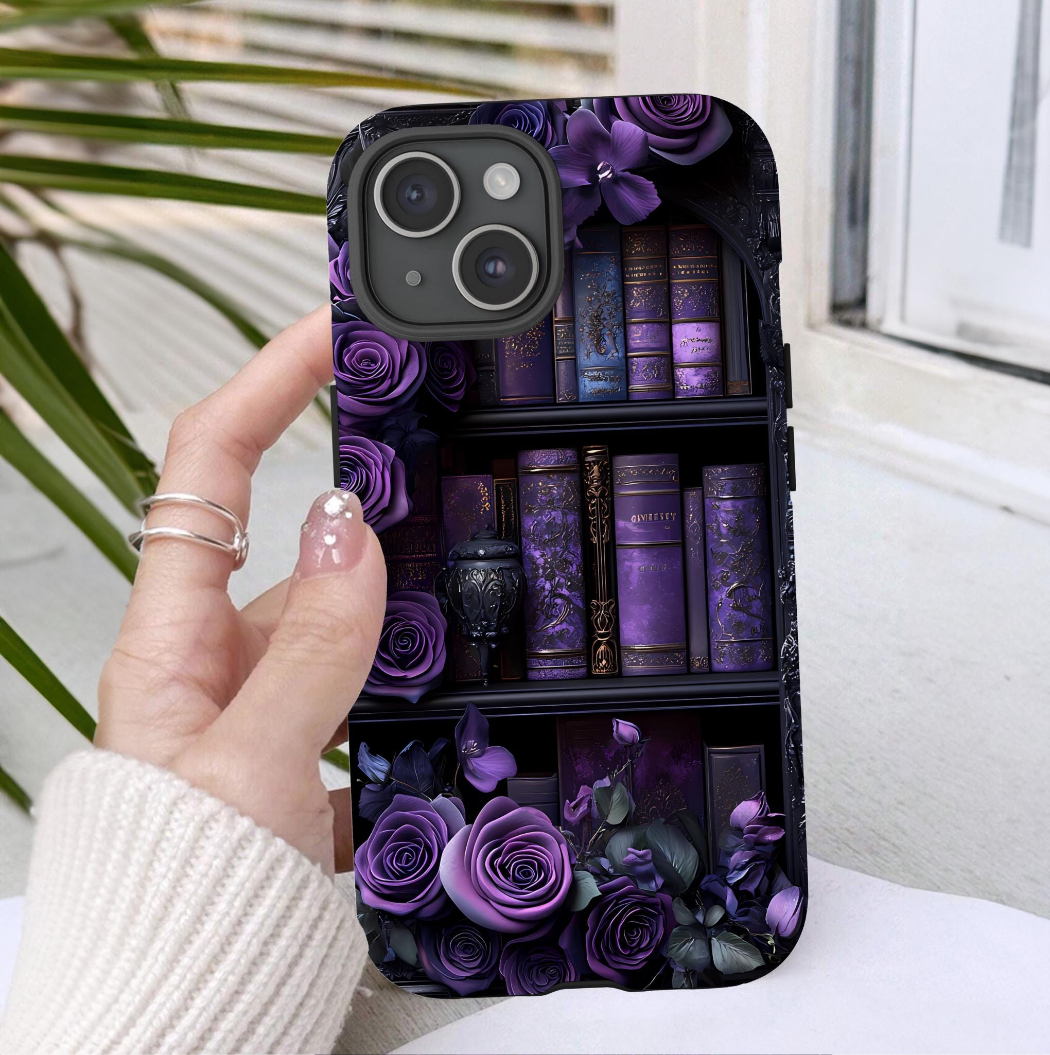 Bookish Phone Case, Purple Floral Vintage Library Design, Dark Academia Gothic iPhone Galaxy, Pixel