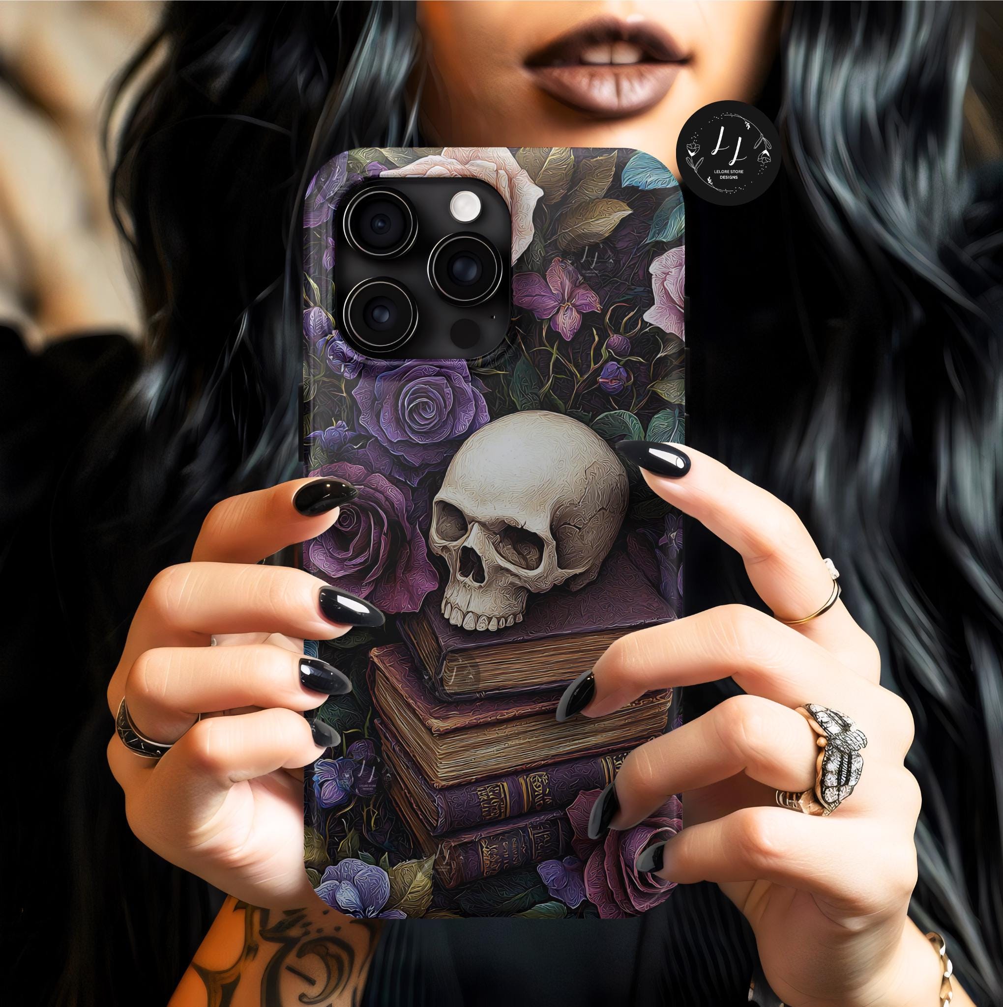 Dark Floral Skull Phone Case: Gothic Roses iPhone, Samsung, Pixel