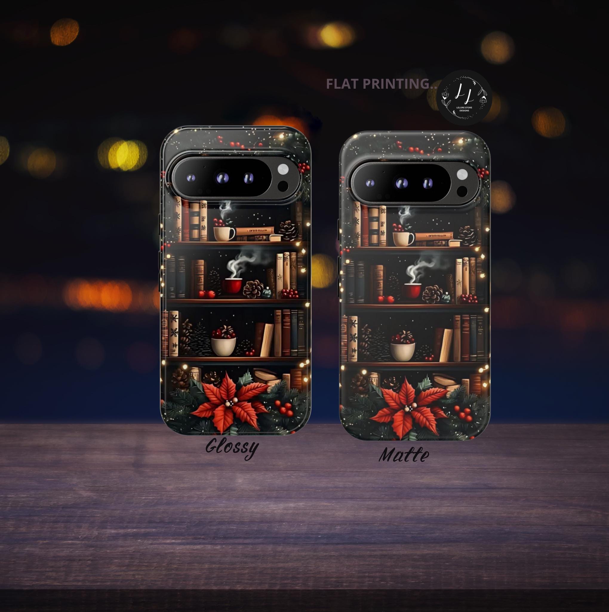 Bookish Christmas Phone Case, Bookshelf Holiday Library Bookcase Coffee Lover Gift iPhone Galaxy Pixel