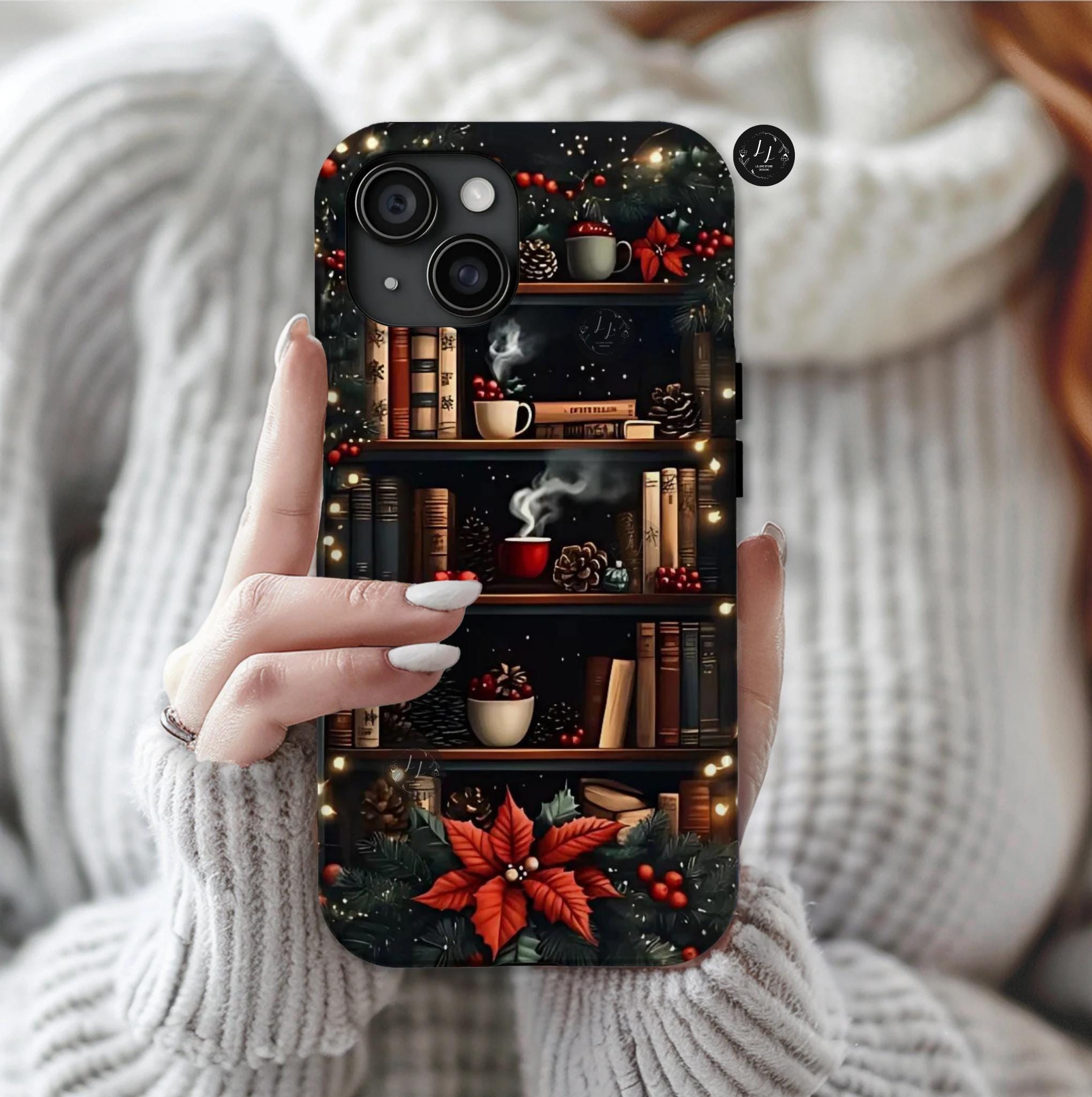 Bookish Christmas Phone Case, Bookshelf Holiday Library Bookcase Coffee Lover Gift iPhone Galaxy Pixel