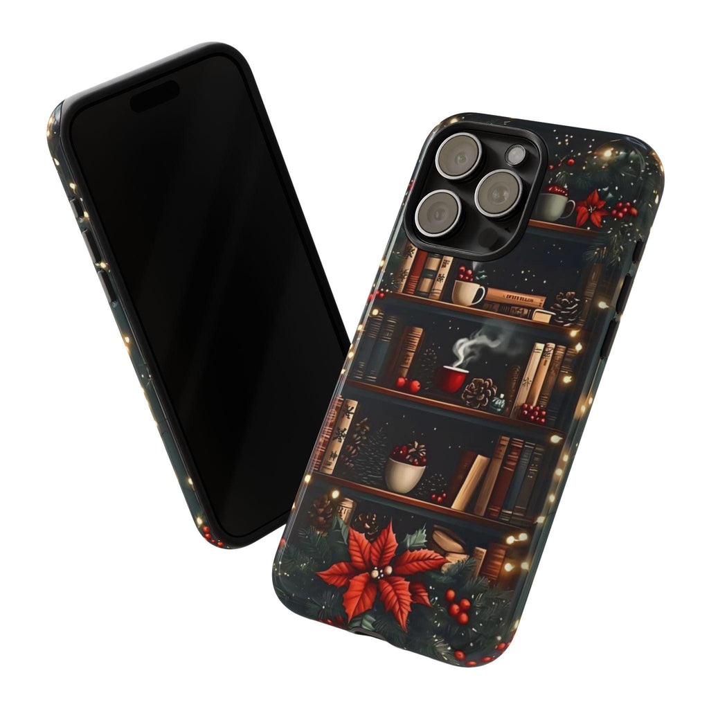 Bookish Christmas Phone Case, Bookshelf Holiday Library Bookcase Coffee Lover Gift iPhone Galaxy Pixel