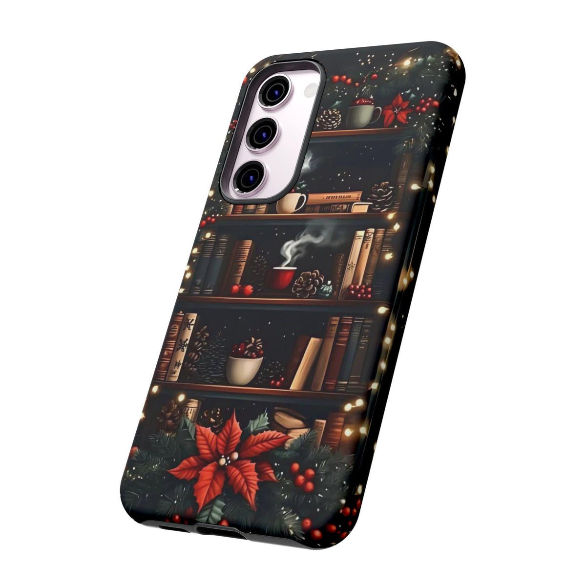 Bookish Christmas Phone Case, Bookshelf Holiday Library Bookcase Coffee Lover Gift iPhone Galaxy Pixel