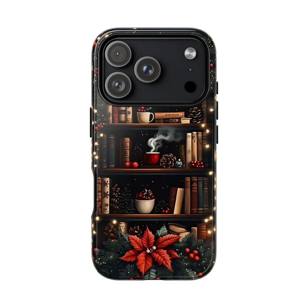 Bookish Christmas Phone Case, Bookshelf Holiday Library Bookcase Coffee Lover Gift iPhone Galaxy Pixel
