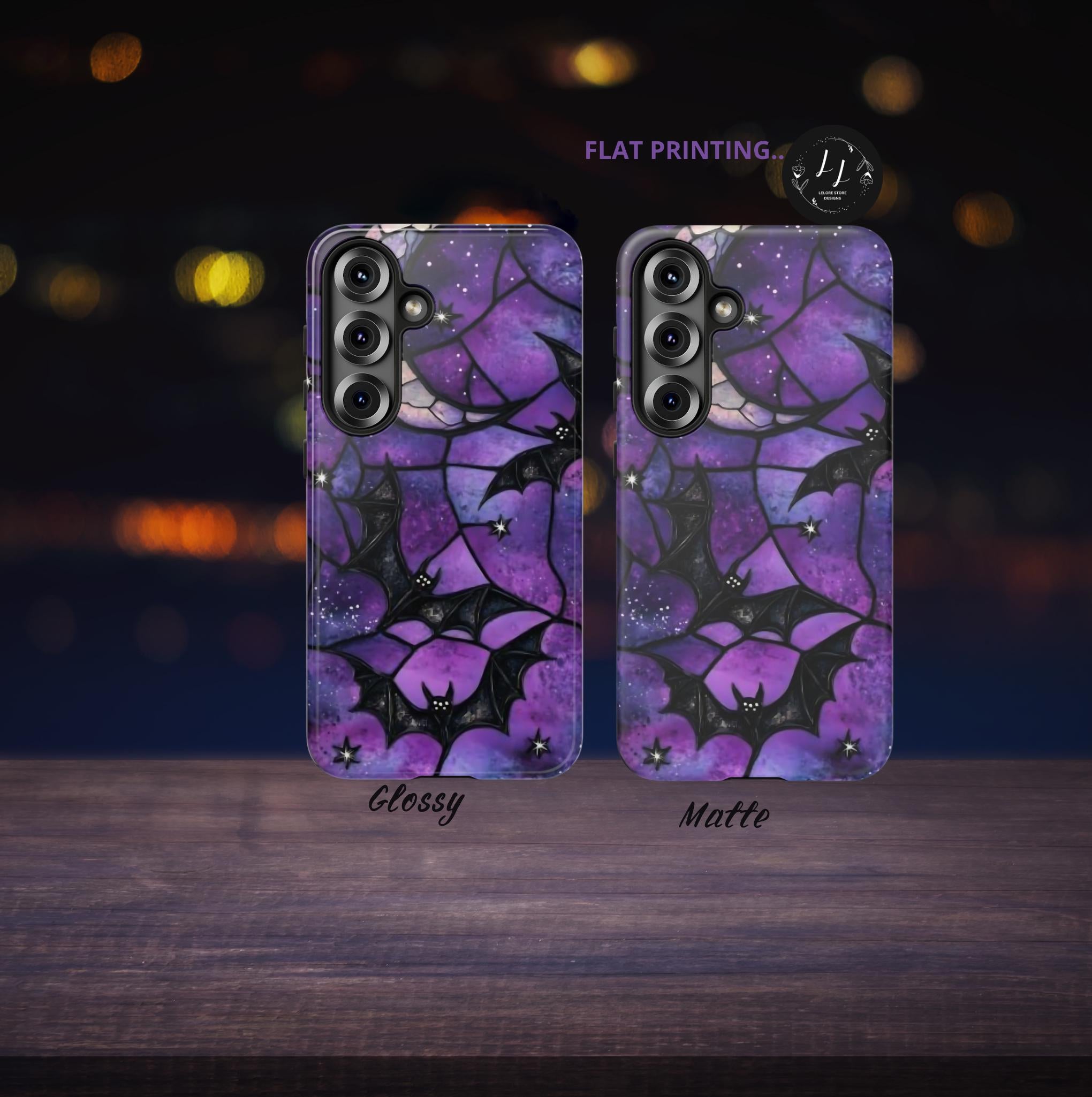 Gothic Celestial Phone Case, Purple Black Bats  Faux Stained Glass Design iPhone Pixel Galaxy