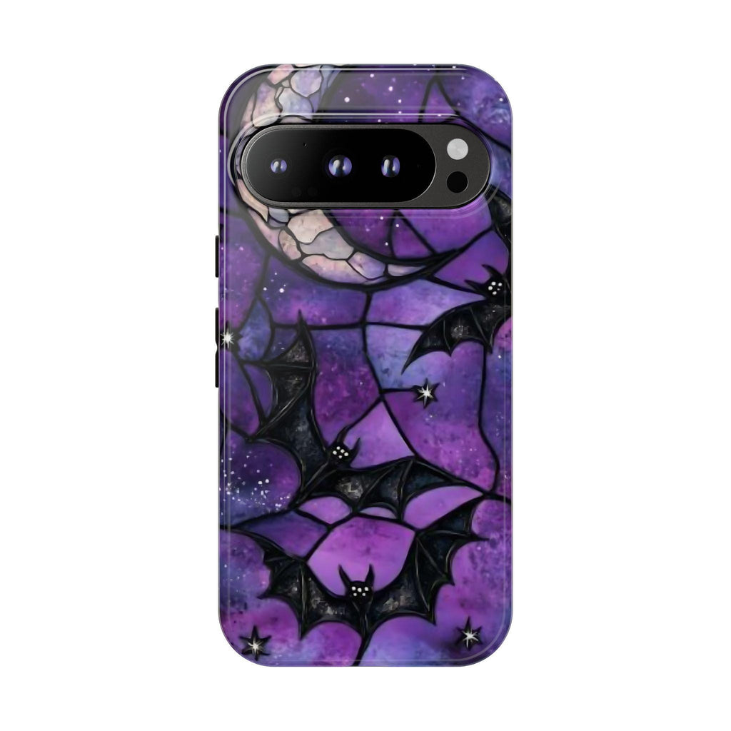 Gothic Celestial Phone Case, Purple Black Bats  Faux Stained Glass Design iPhone Pixel Galaxy
