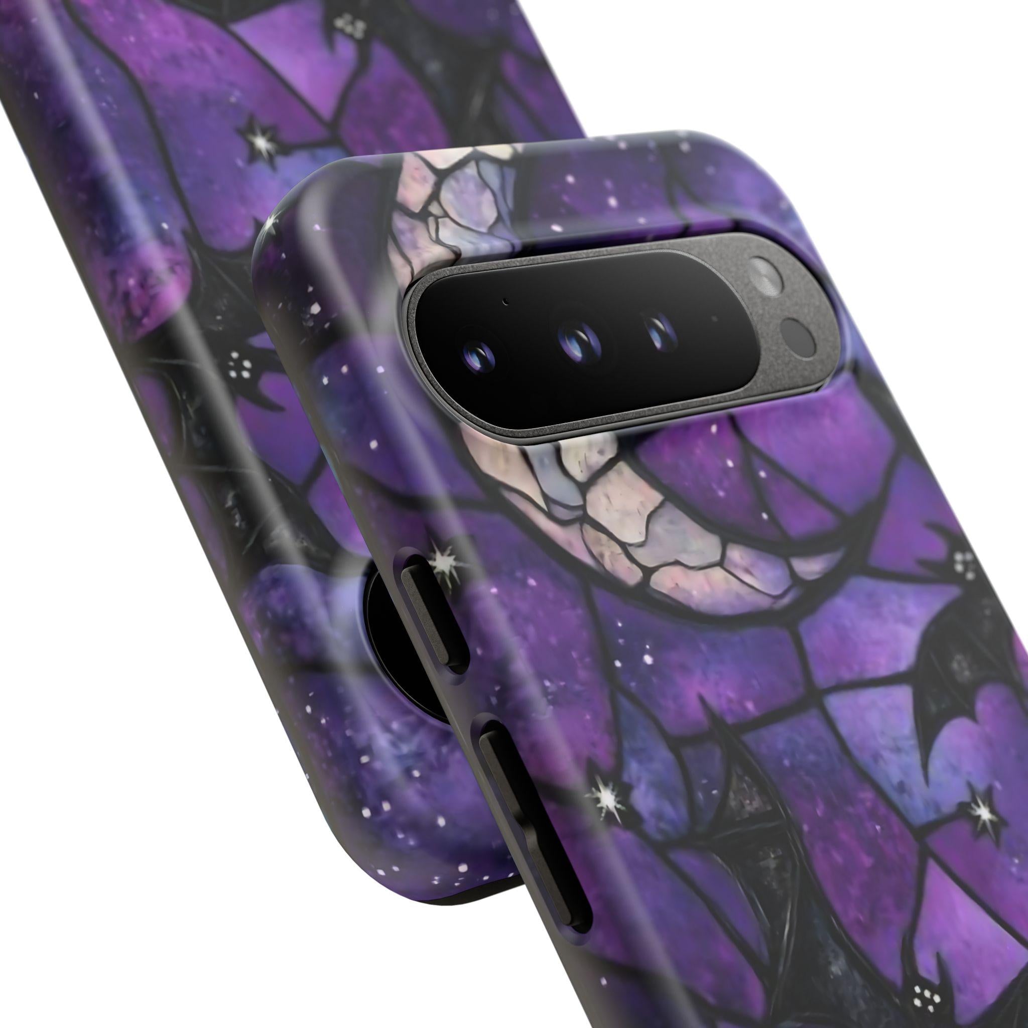 Gothic Celestial Phone Case, Purple Black Bats  Faux Stained Glass Design iPhone Pixel Galaxy