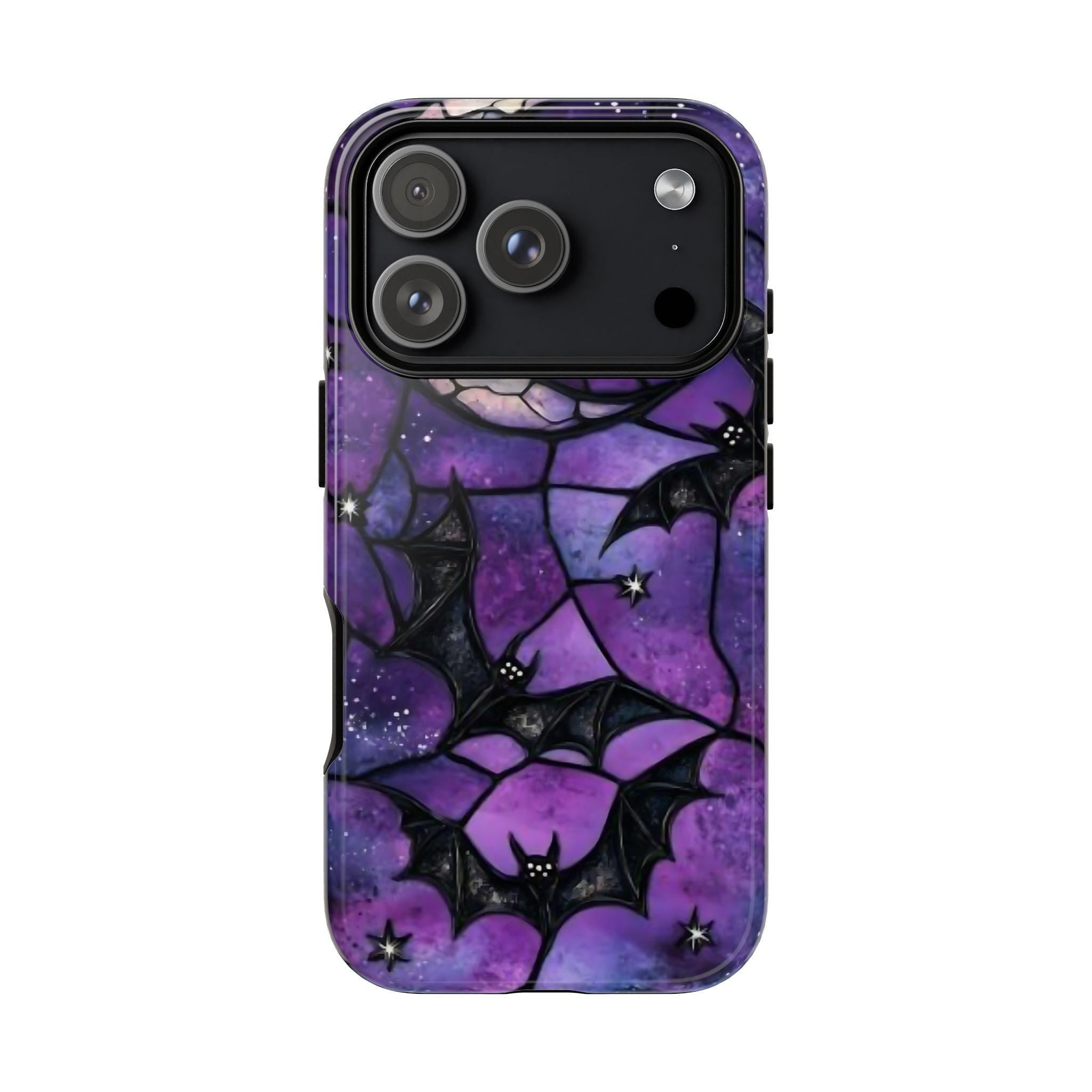 Gothic Celestial Phone Case, Purple Black Bats  Faux Stained Glass Design iPhone Pixel Galaxy