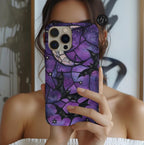 Gothic Celestial Phone Case, Purple Black Bats  Faux Stained Glass Design iPhone Pixel Galaxy