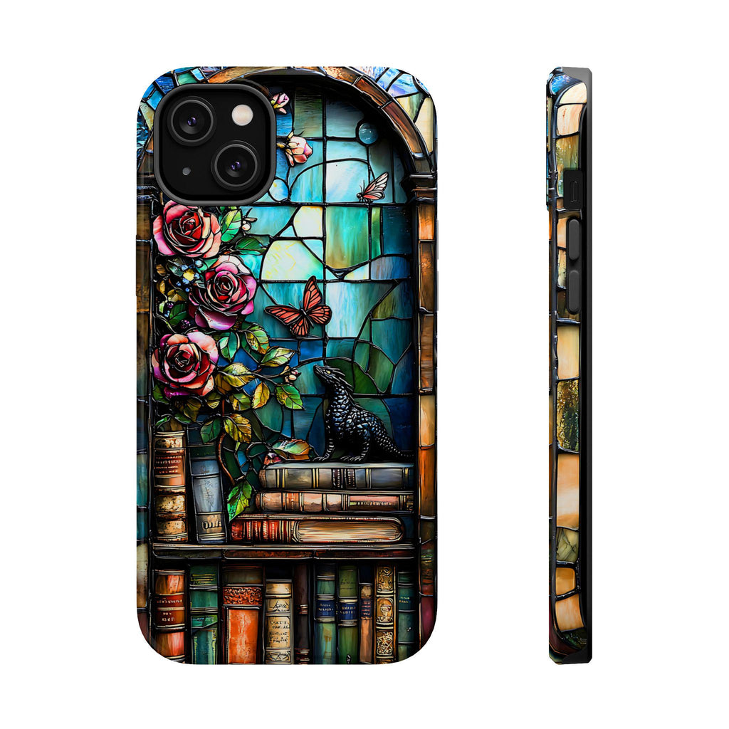 Bookish Dragon iPhone Case: Faux Stained Glass Bookshelf, MagSafe Compatible