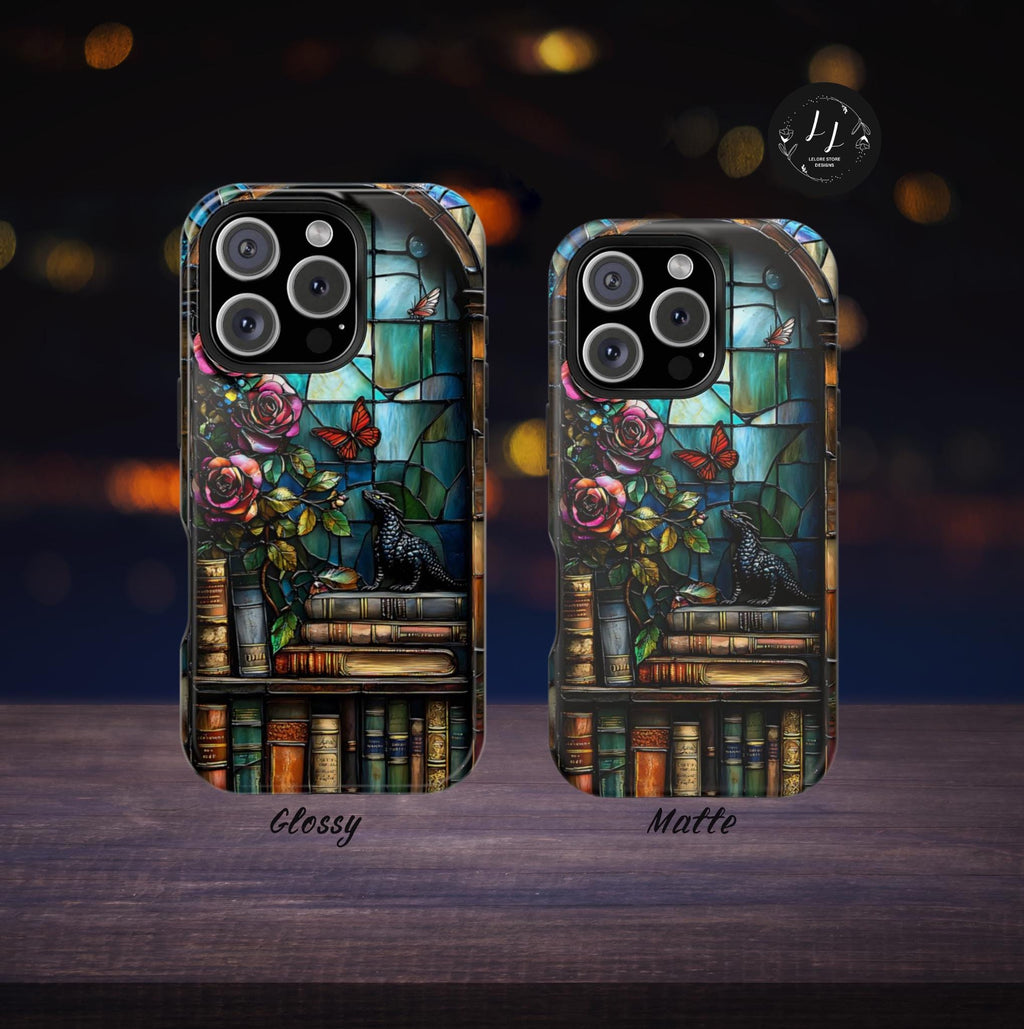 Bookish Dragon iPhone Case: Faux Stained Glass Bookshelf, MagSafe Compatible