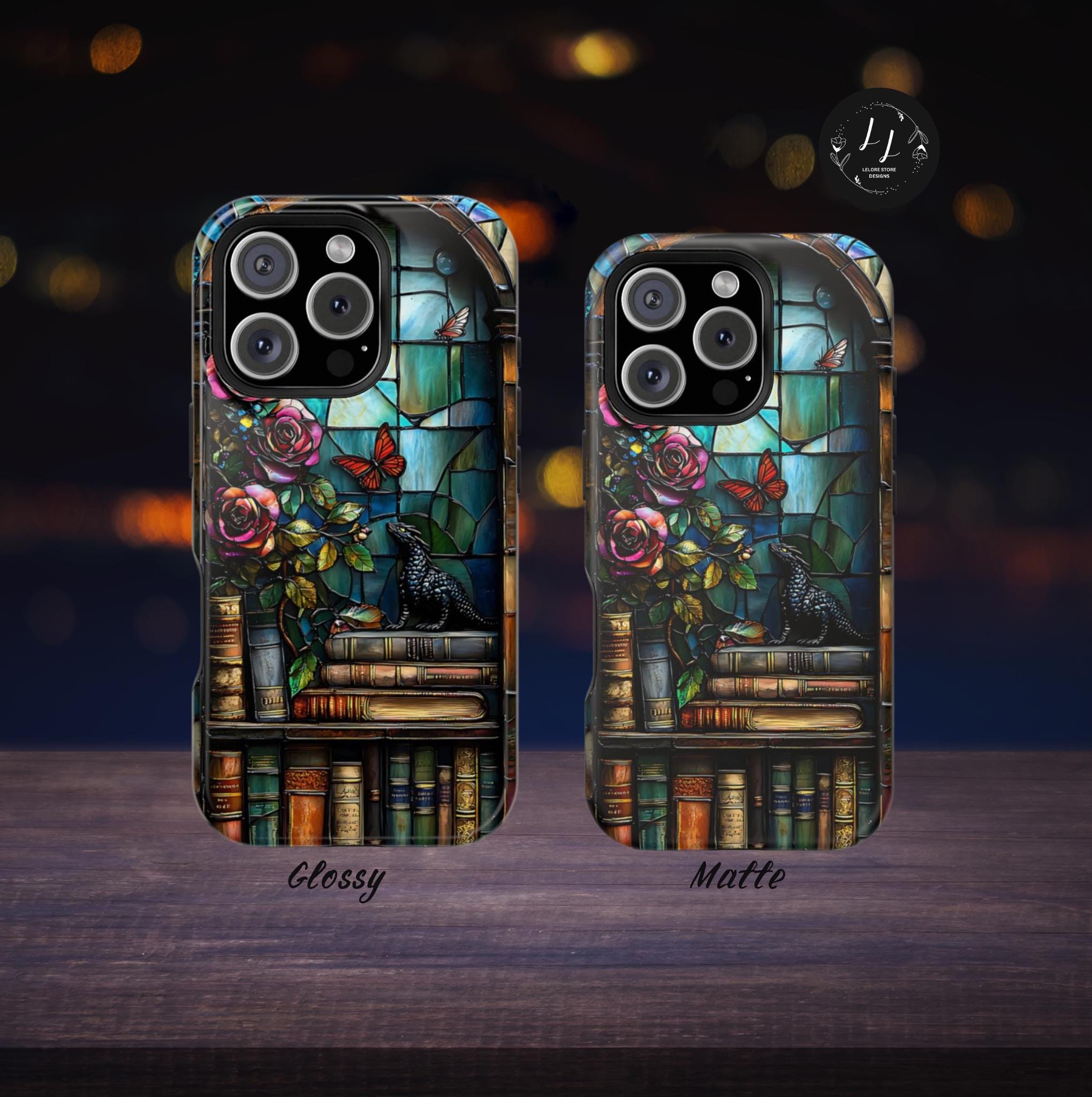 Bookish Dragon iPhone Case: Faux Stained Glass Bookshelf, MagSafe Compatible