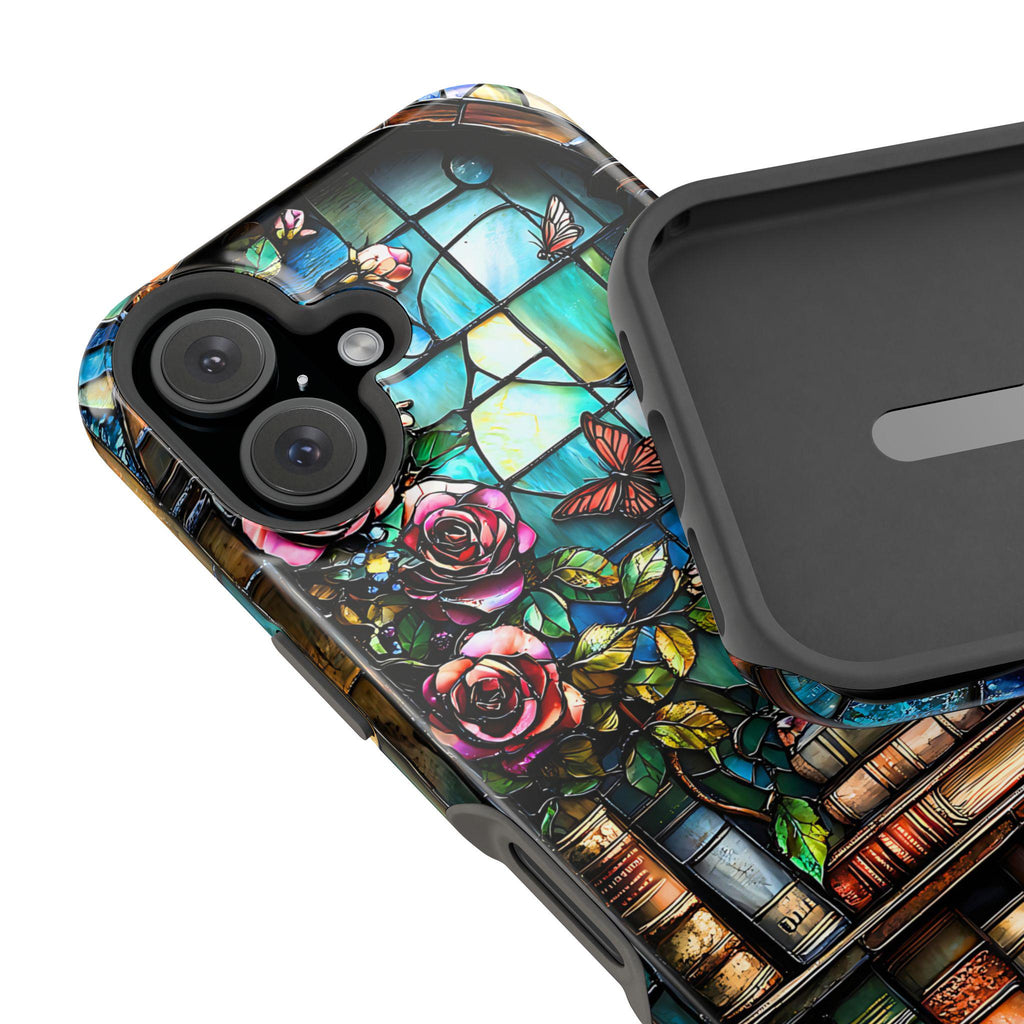 Bookish Dragon iPhone Case: Faux Stained Glass Bookshelf, MagSafe Compatible