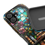 Bookish Dragon iPhone Case: Faux Stained Glass Bookshelf, MagSafe Compatible