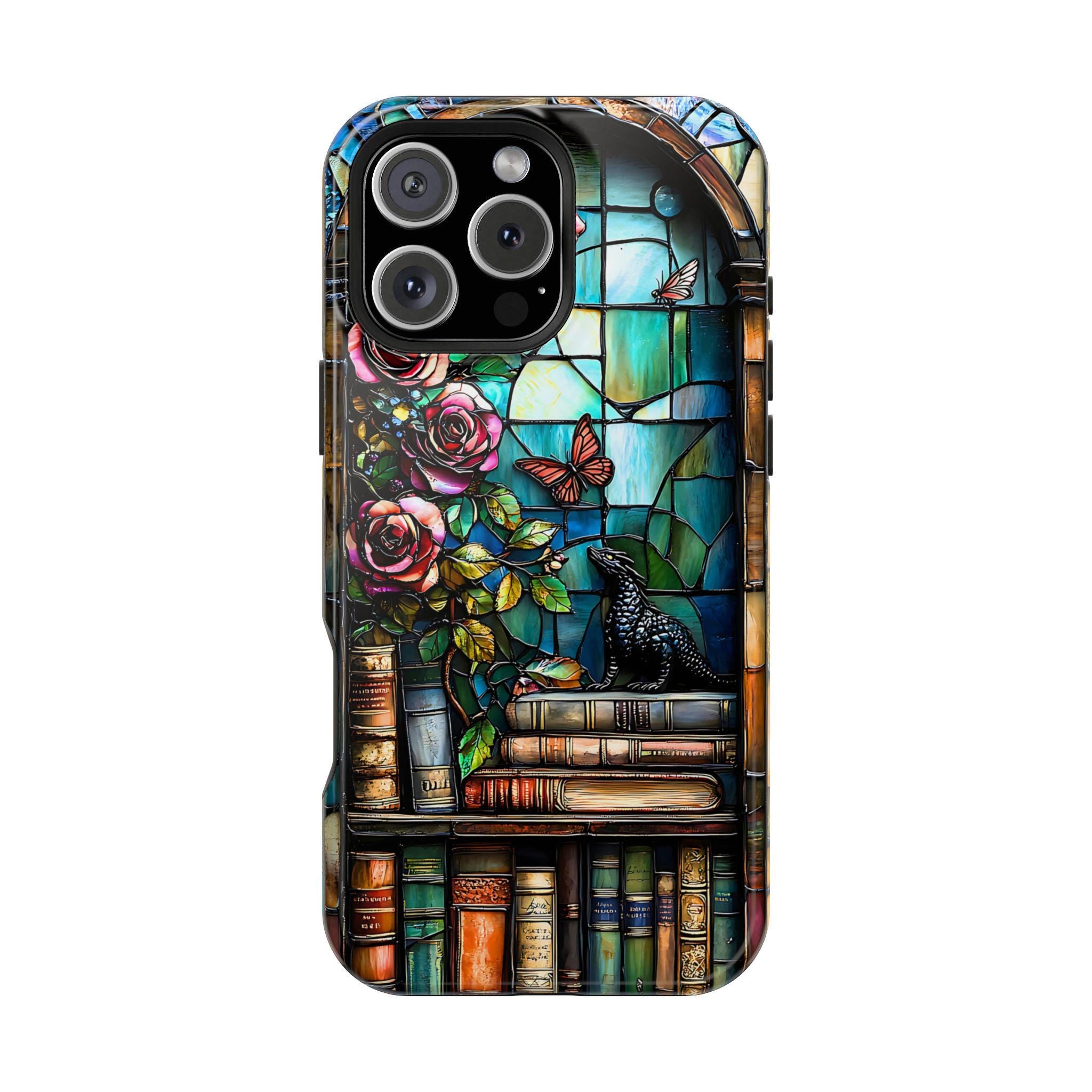 Bookish Dragon iPhone Case: Faux Stained Glass Bookshelf, MagSafe Compatible