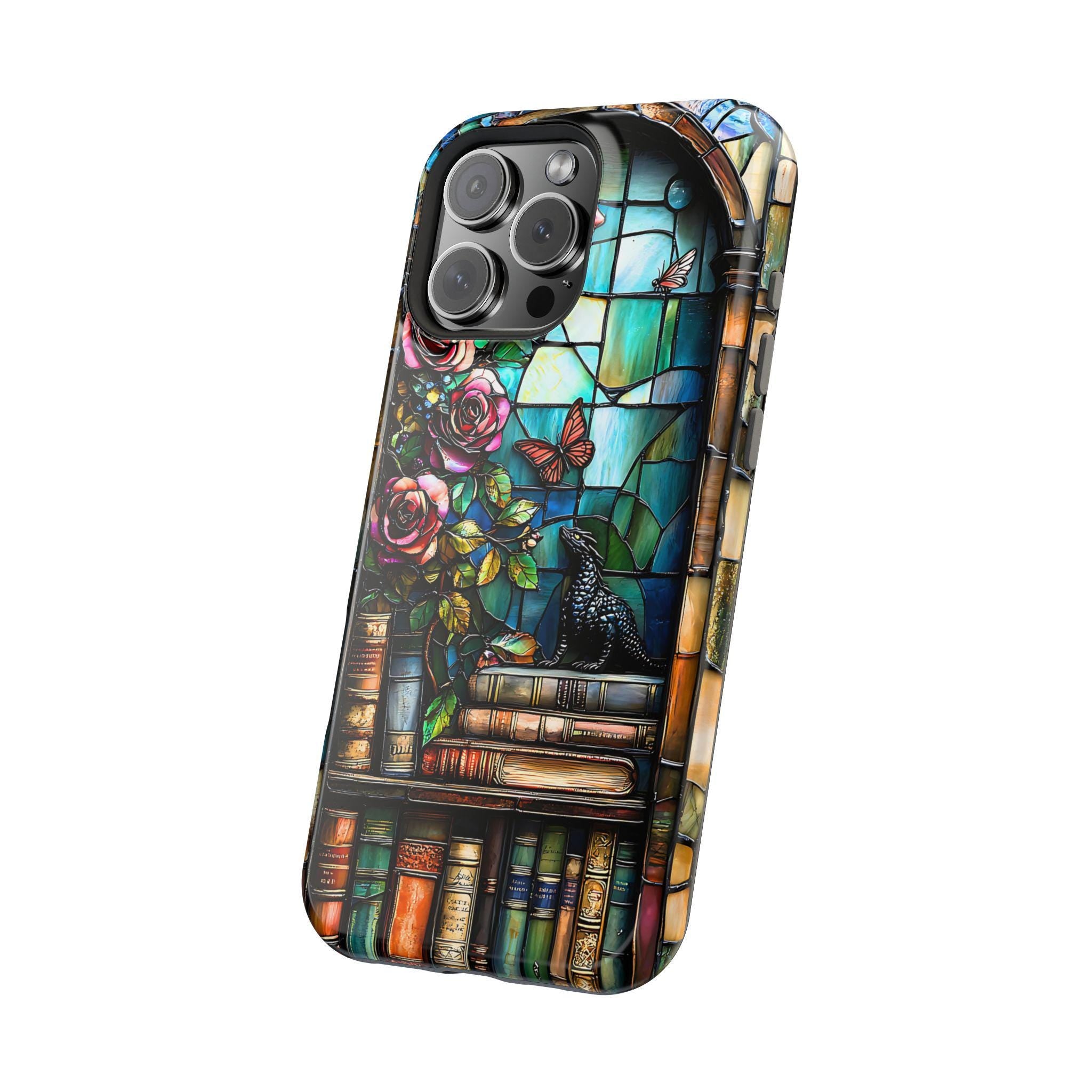 Bookish Dragon iPhone Case: Faux Stained Glass Bookshelf, MagSafe Compatible