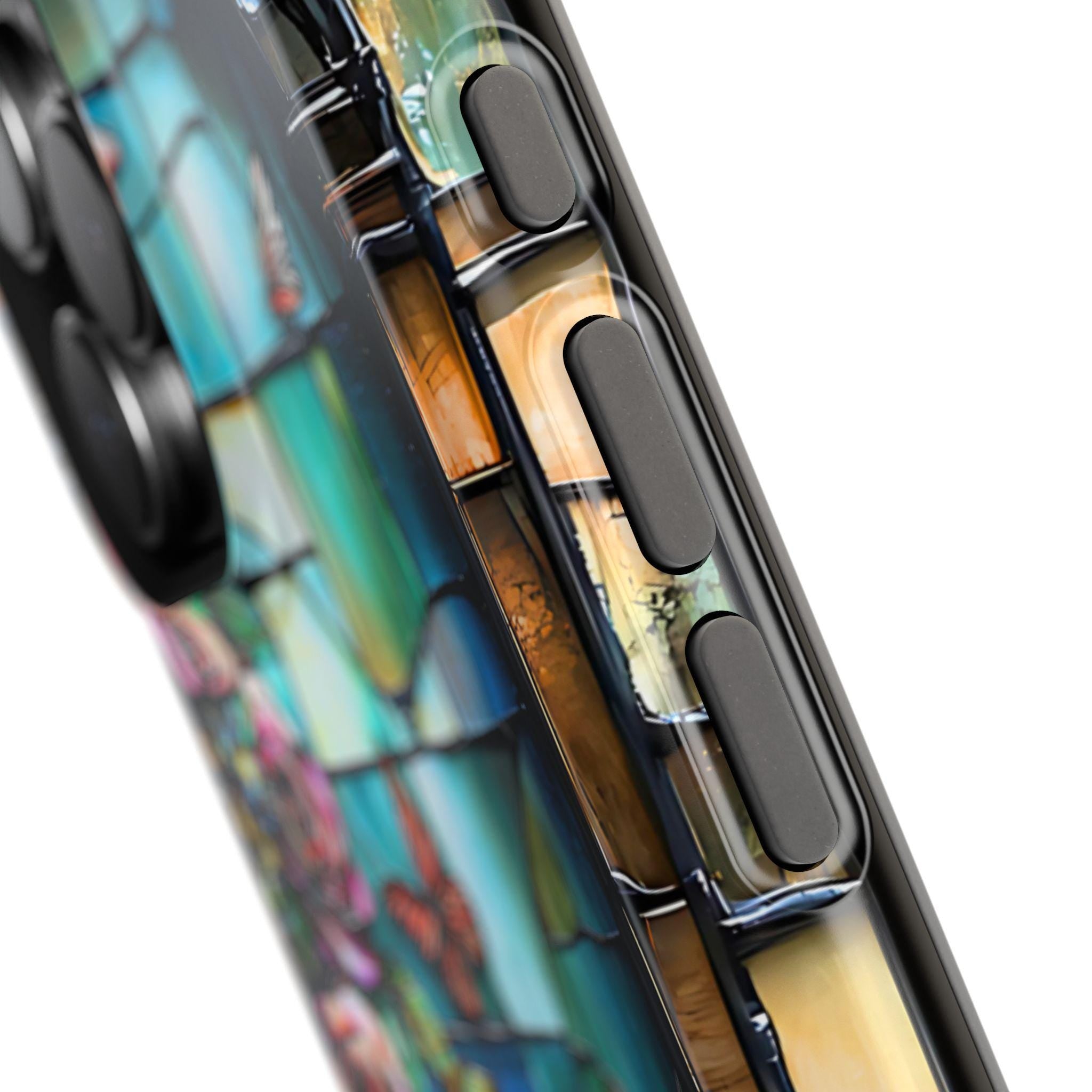 Bookish Dragon iPhone Case: Faux Stained Glass Bookshelf, MagSafe Compatible