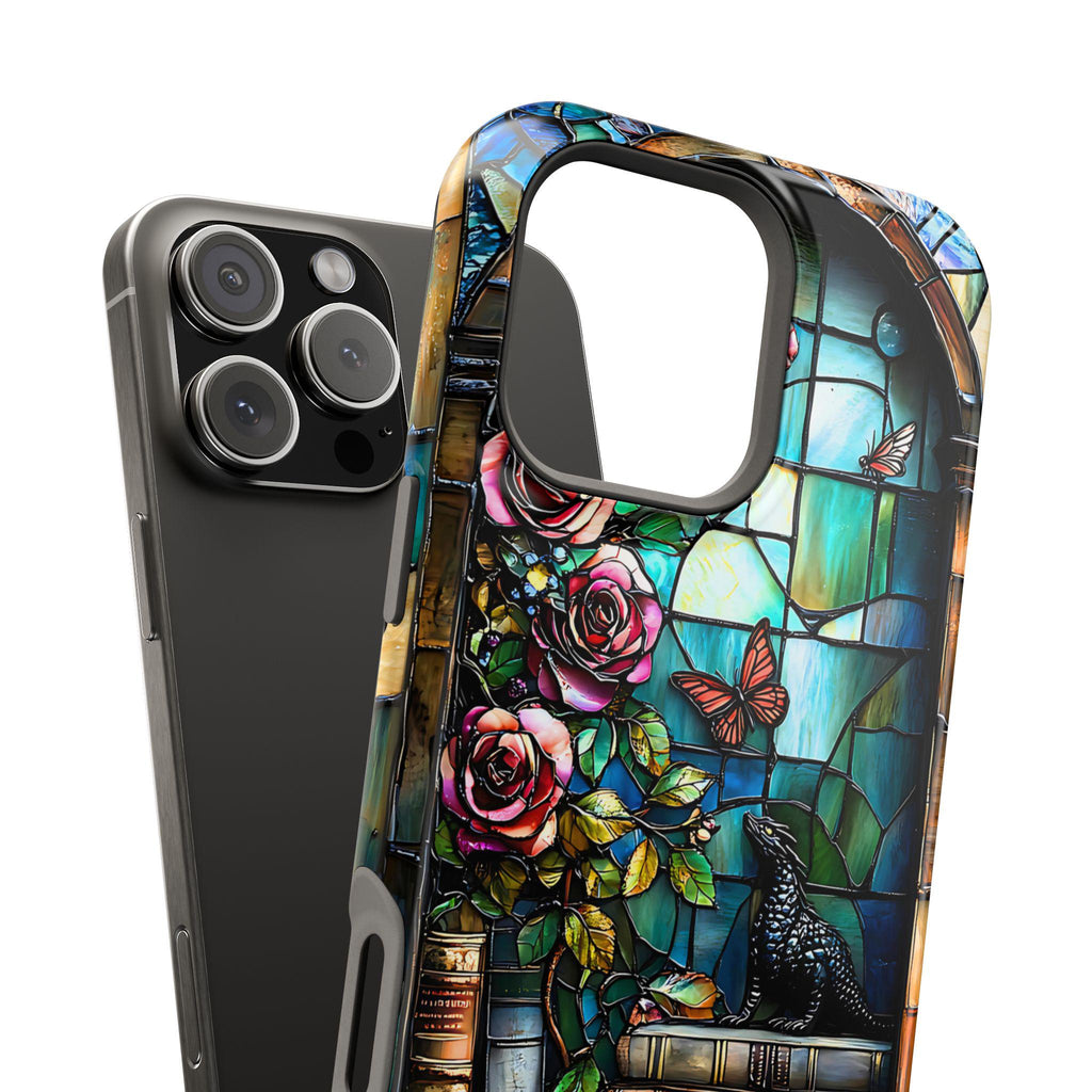 Bookish Dragon iPhone Case: Faux Stained Glass Bookshelf, MagSafe Compatible