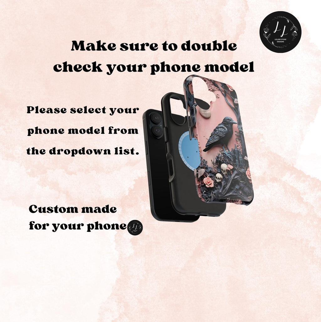 Gothic Raven iPhone Case: Pastel Floral Faux Carved Design, Magnetic Tough Case