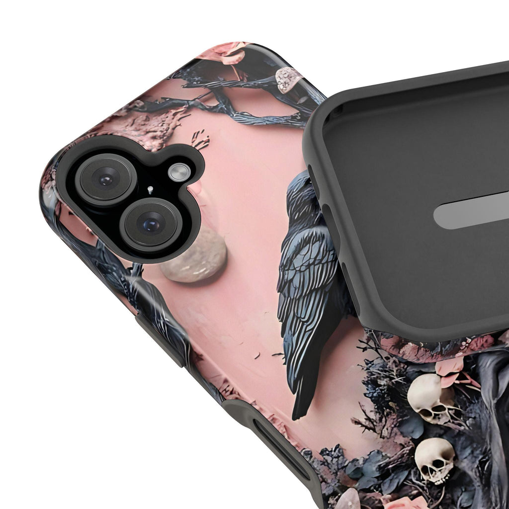 Gothic Raven iPhone Case: Pastel Floral Faux Carved Design, Magnetic Tough Case