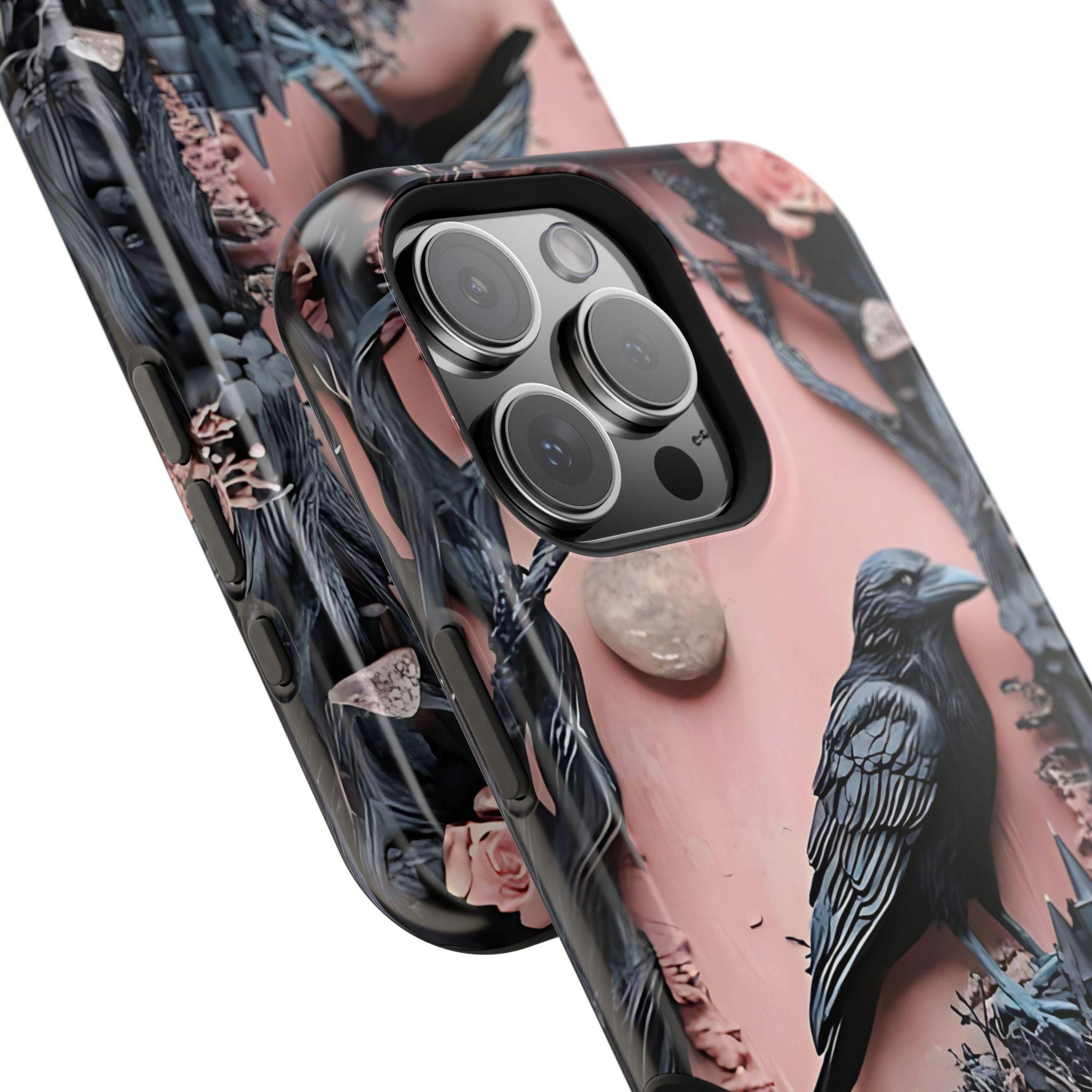 Gothic Raven iPhone Case: Pastel Floral Faux Carved Design, Magnetic Tough Case