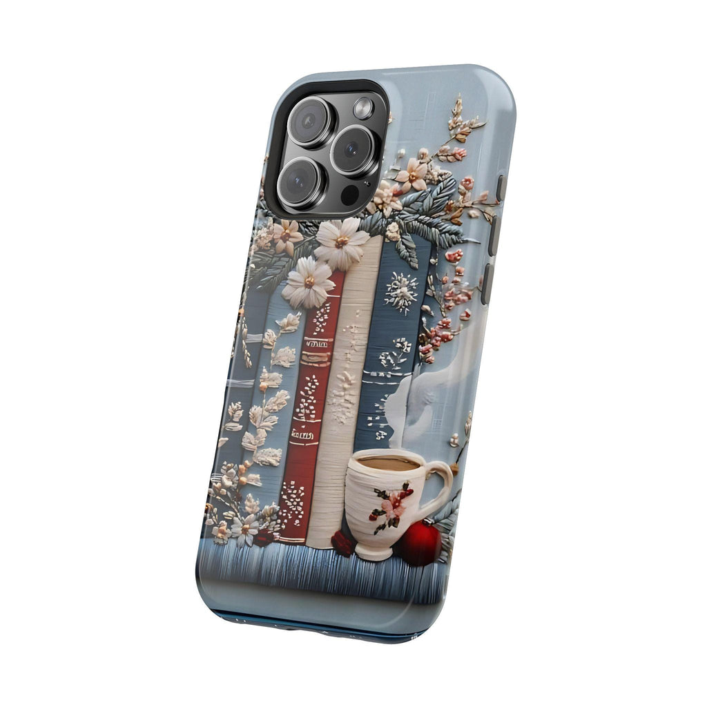 Boho Bookish MagSafe iPhone Case: Faux Embroidered Bookshelf & Coffee Cup