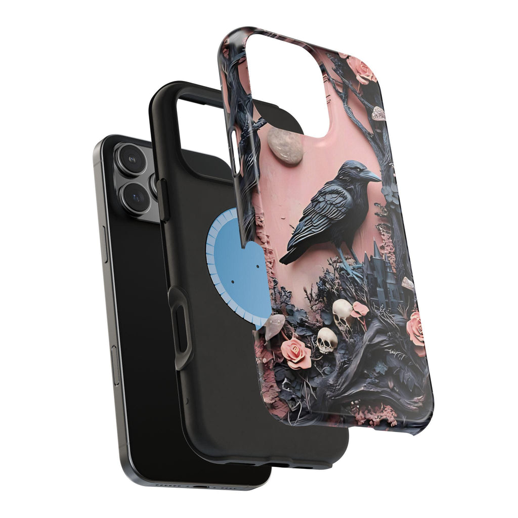 Gothic Raven iPhone Case: Pastel Floral Faux Carved Design, Magnetic Tough Case