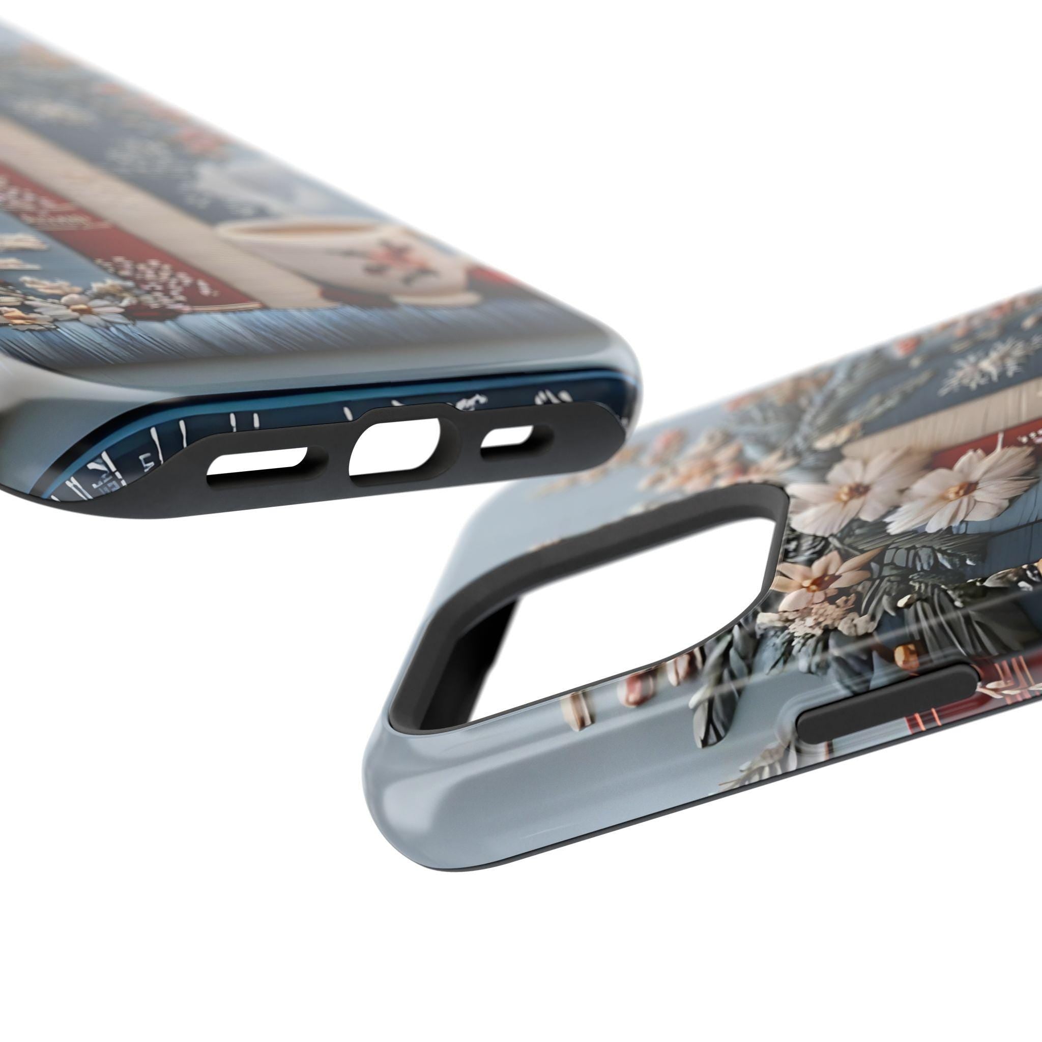 Boho Bookish MagSafe iPhone Case: Faux Embroidered Bookshelf & Coffee Cup