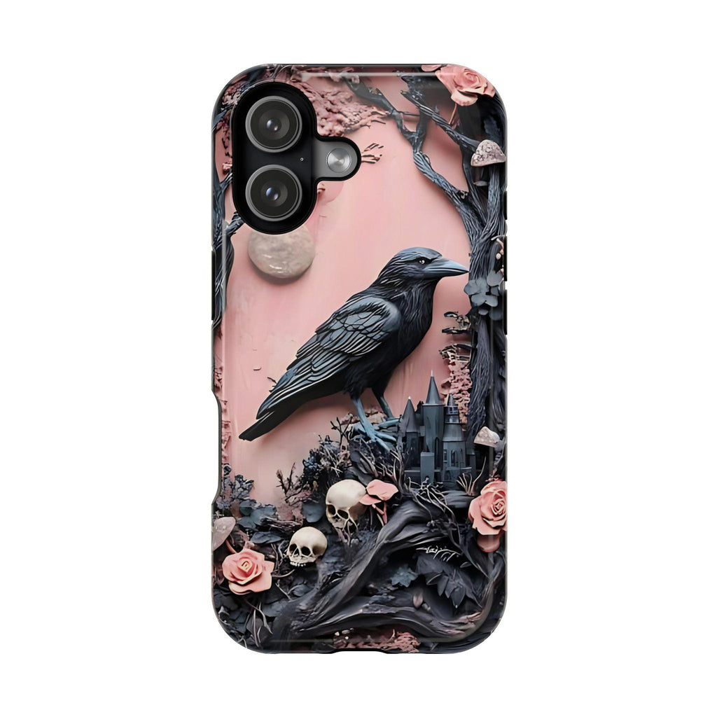 Gothic Raven iPhone Case: Pastel Floral Faux Carved Design, Magnetic Tough Case